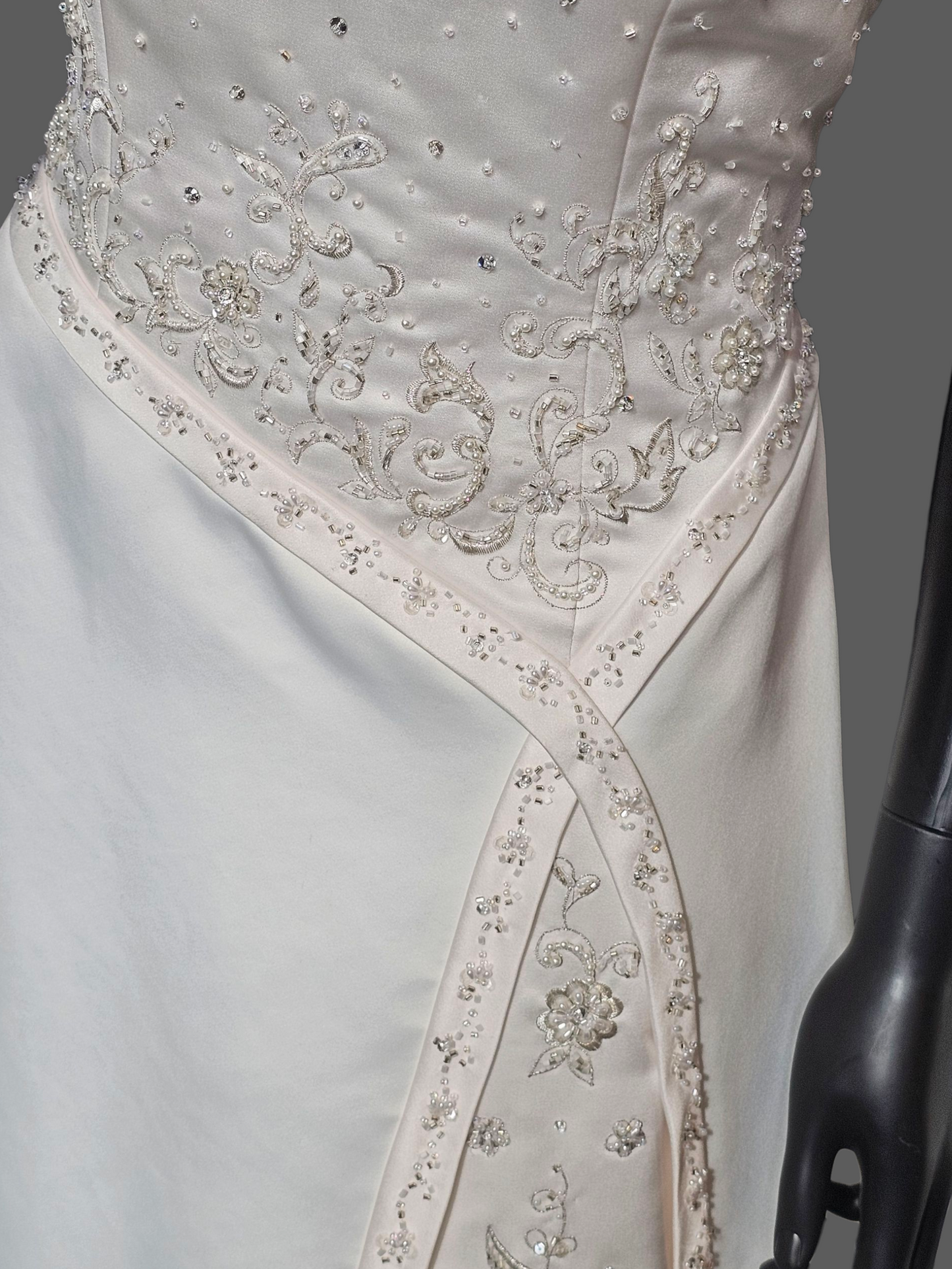 Vintage White/Blush Accent Asymetric A-Line Satin Wedding Gown - Mori Lee