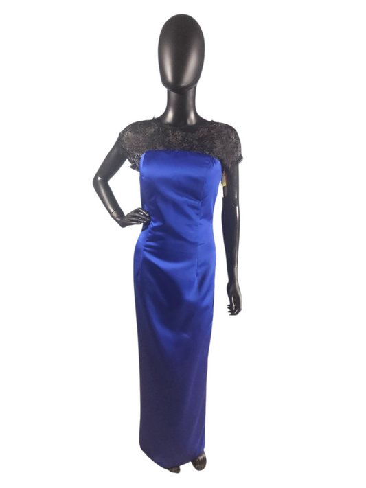 Royal Blue/Black Lace Cap Sleeve Full Length Formal Dress - Da Vinci