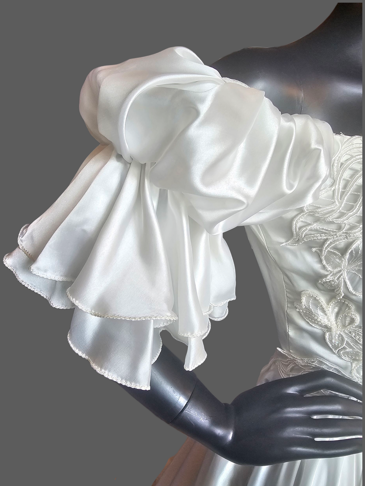 Vintage White Charmeuse Off Shoulder Wedding Gown