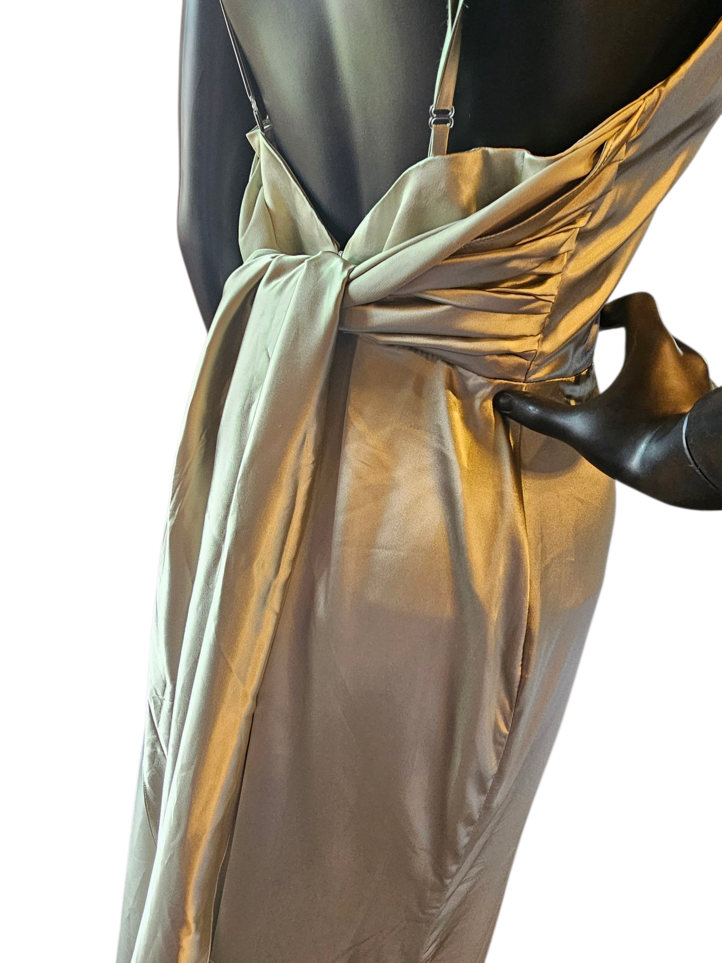 Sage Satin Drape Cowl Spaghetti Strap Formal Dress - NWT Hebeos
