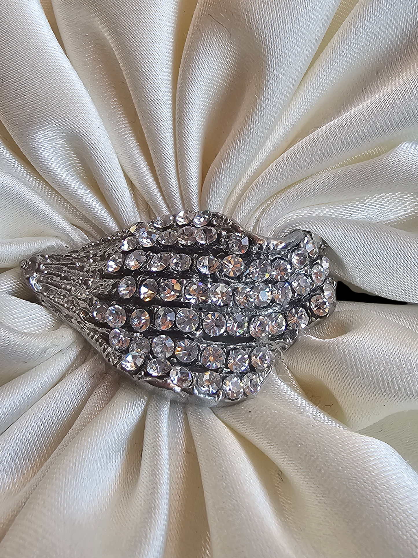 Ivory Satin Silver Rhinestone Bow Clip