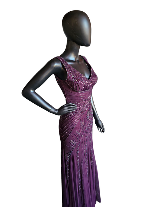 Plum V-neck Beaded Formal Gown - Night Scene