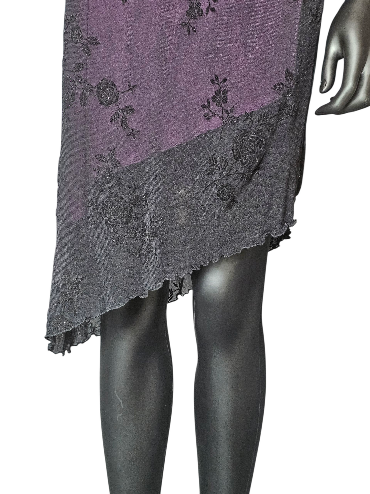 Mid Length Dress Asymetrical Black Overlay W/Purple Rose Burnout NWT - Moda