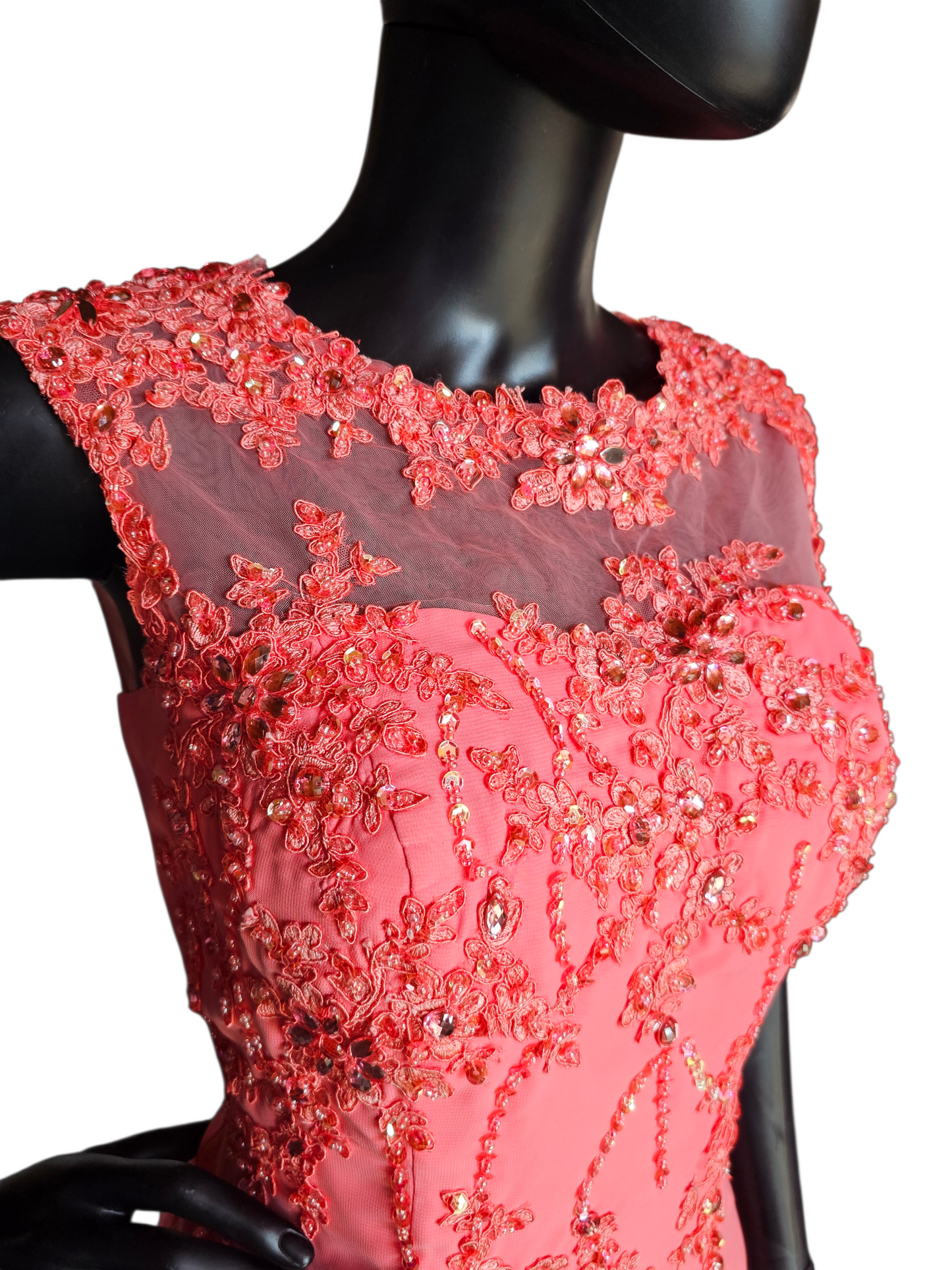 Coral Fitted Beaded Formal Maxi Dress - Hebeos