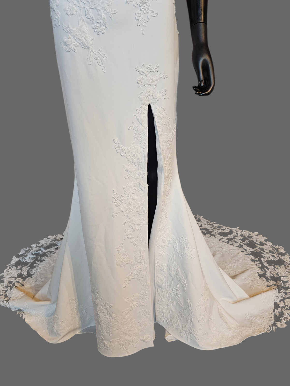 White Lace Fit/Flare Slit V-Plunge Wedding Gown - Beloved