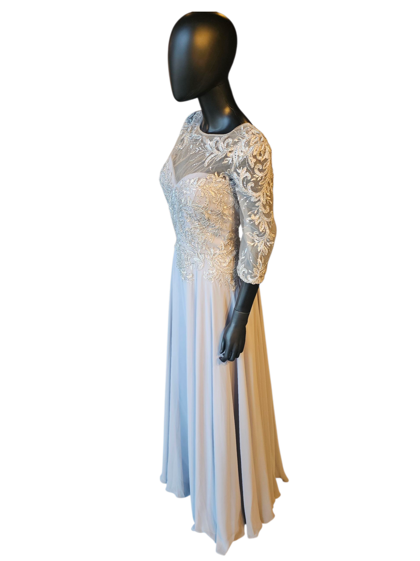 Silver Long Sleeve Illusion Bodice Maxi Formal Evening Gown - Madaline Gardner NY