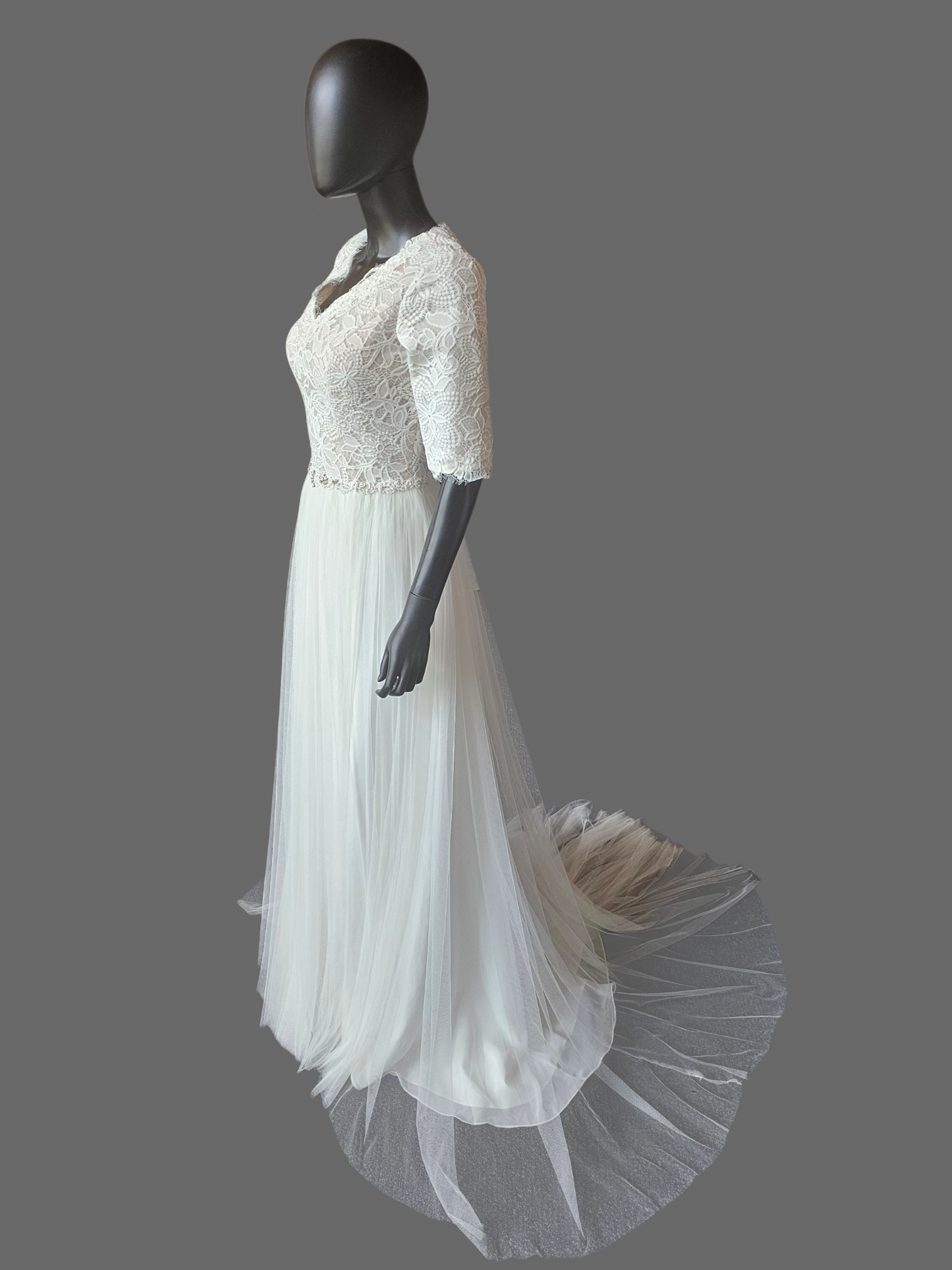Ivory Lace Bodice V-Neck 3/4 Sleeve Wedding Gown - Rebecca Ingram