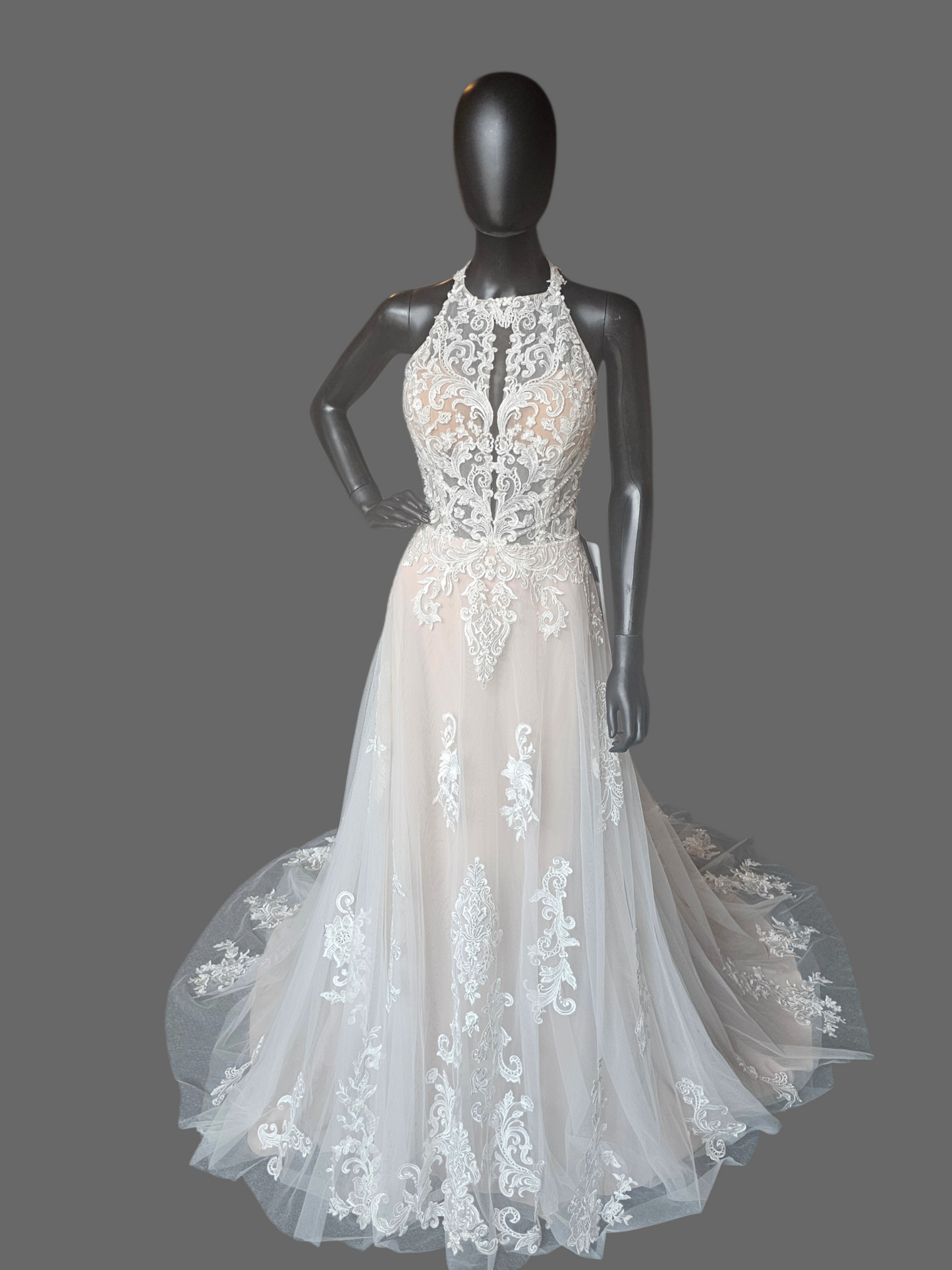 Lace Halter A-Line Open Back Wedding Gown - Mori Lee