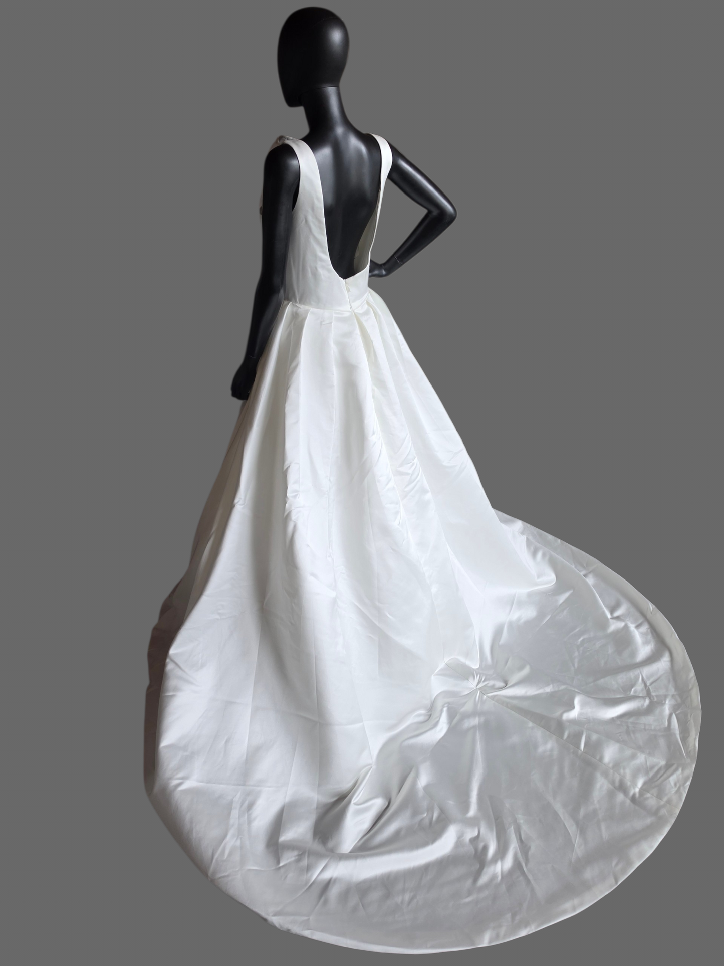 Ivory Simple Satin A-Line Boat Neck Box Pleat Wedding Dress