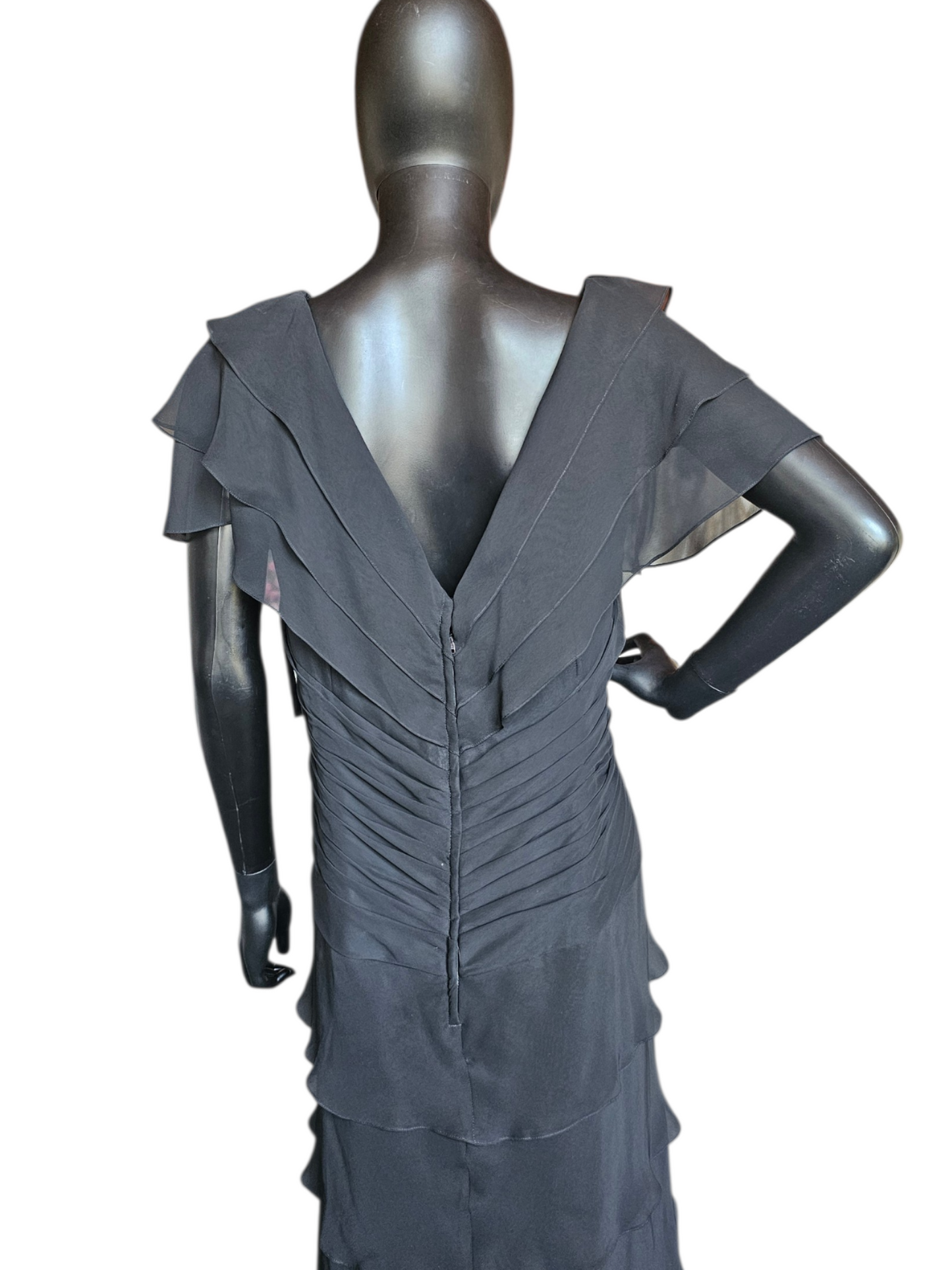 Black Chiffon Fit/Flared Tiered Cap Sleeve Applica Detail Formal/Moms Dress - Jovani