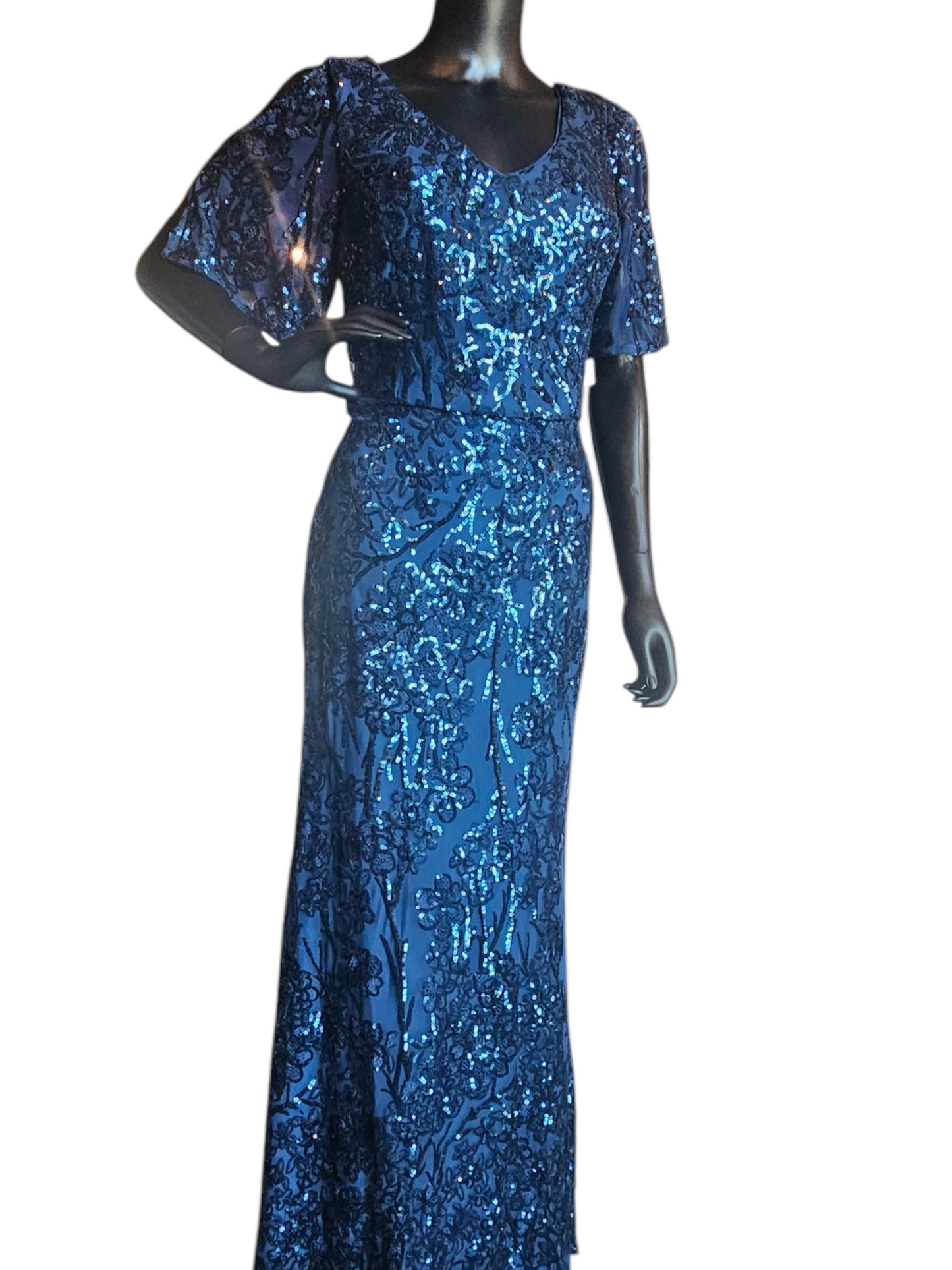 Royal Blue Beaded Cold Shoulder Flutter Sleeve Formal Gown - Alex Evenings