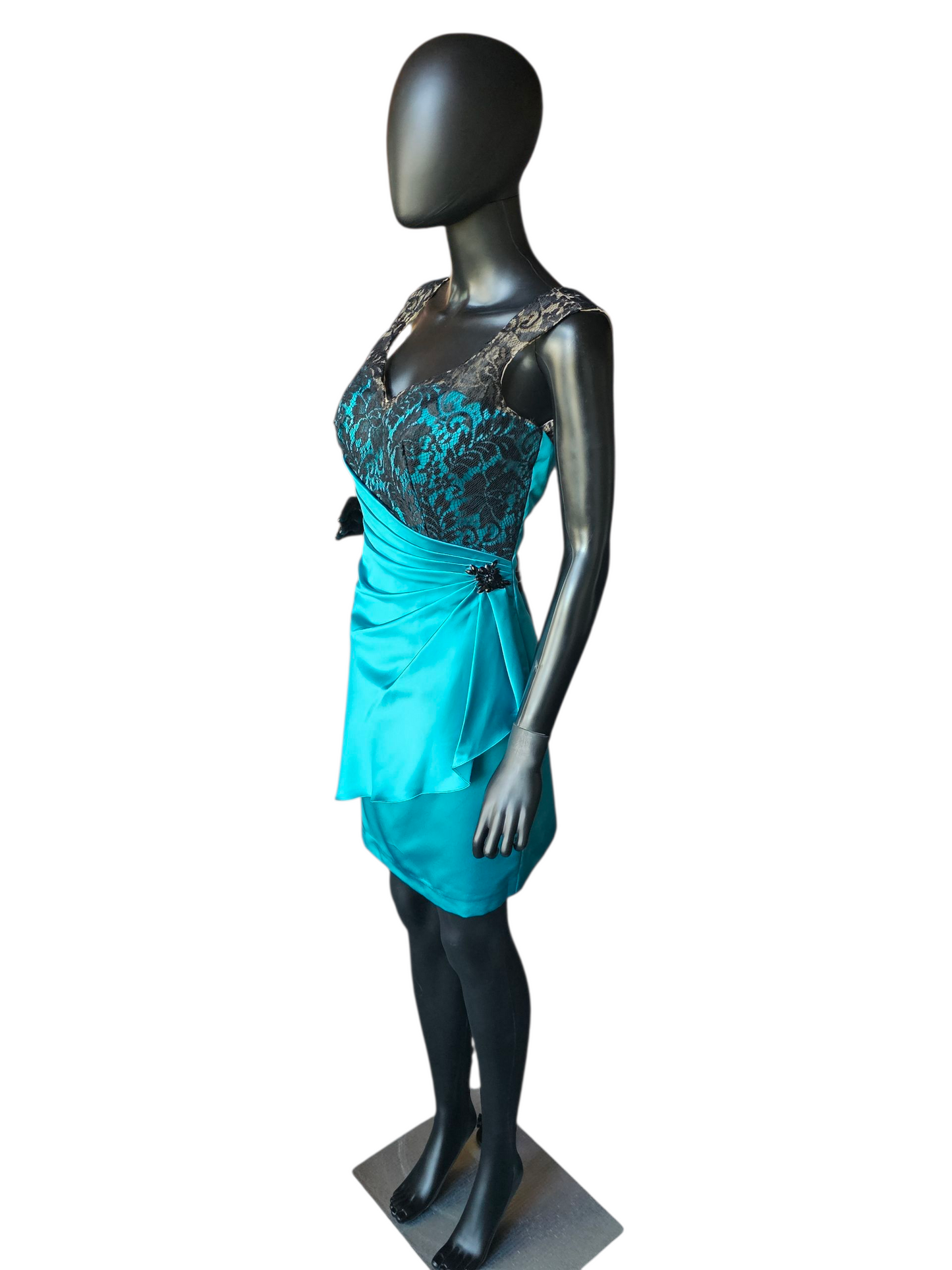 Teal Satin/Black Lace Cocktail/Party Dress - Da Vinci