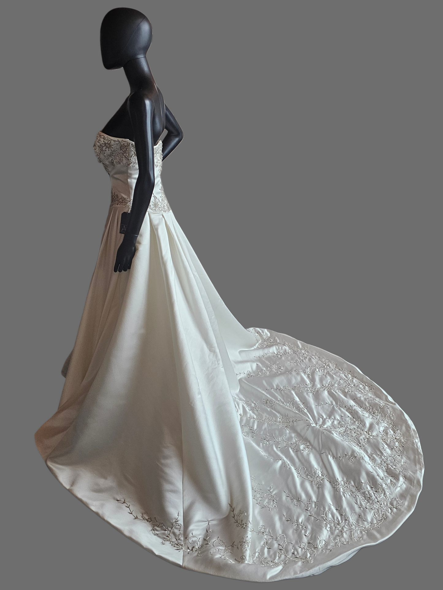Ivory Satin Strapless Basque Waist Embroidered Wedding Gown  - Signature