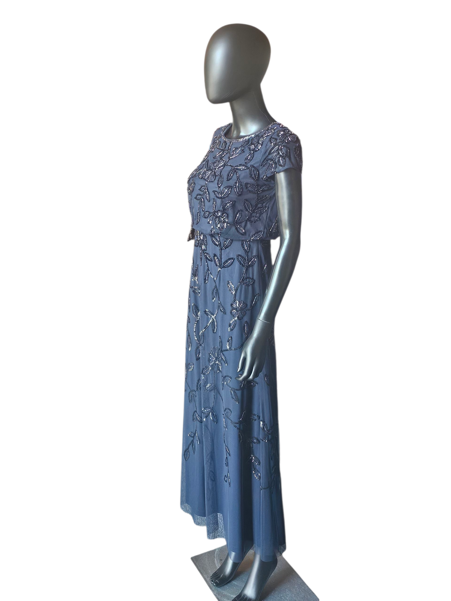 Navy Floral Blouson Cap Sleeve Formal Dress - Adrianna Papell