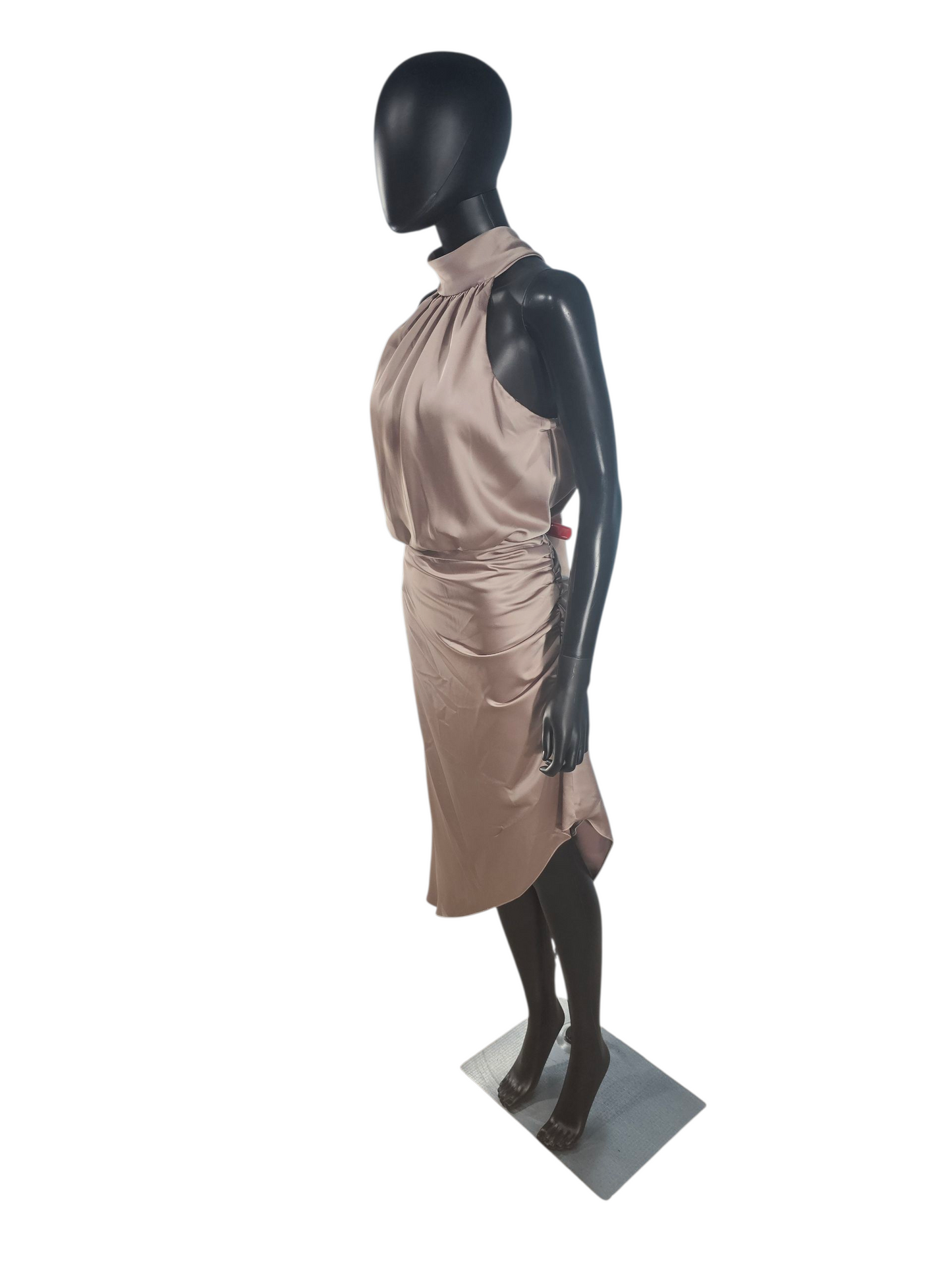 Latte Charmeuse Mock Neck Asymmetrical Cocktail Dress - Mori Lee