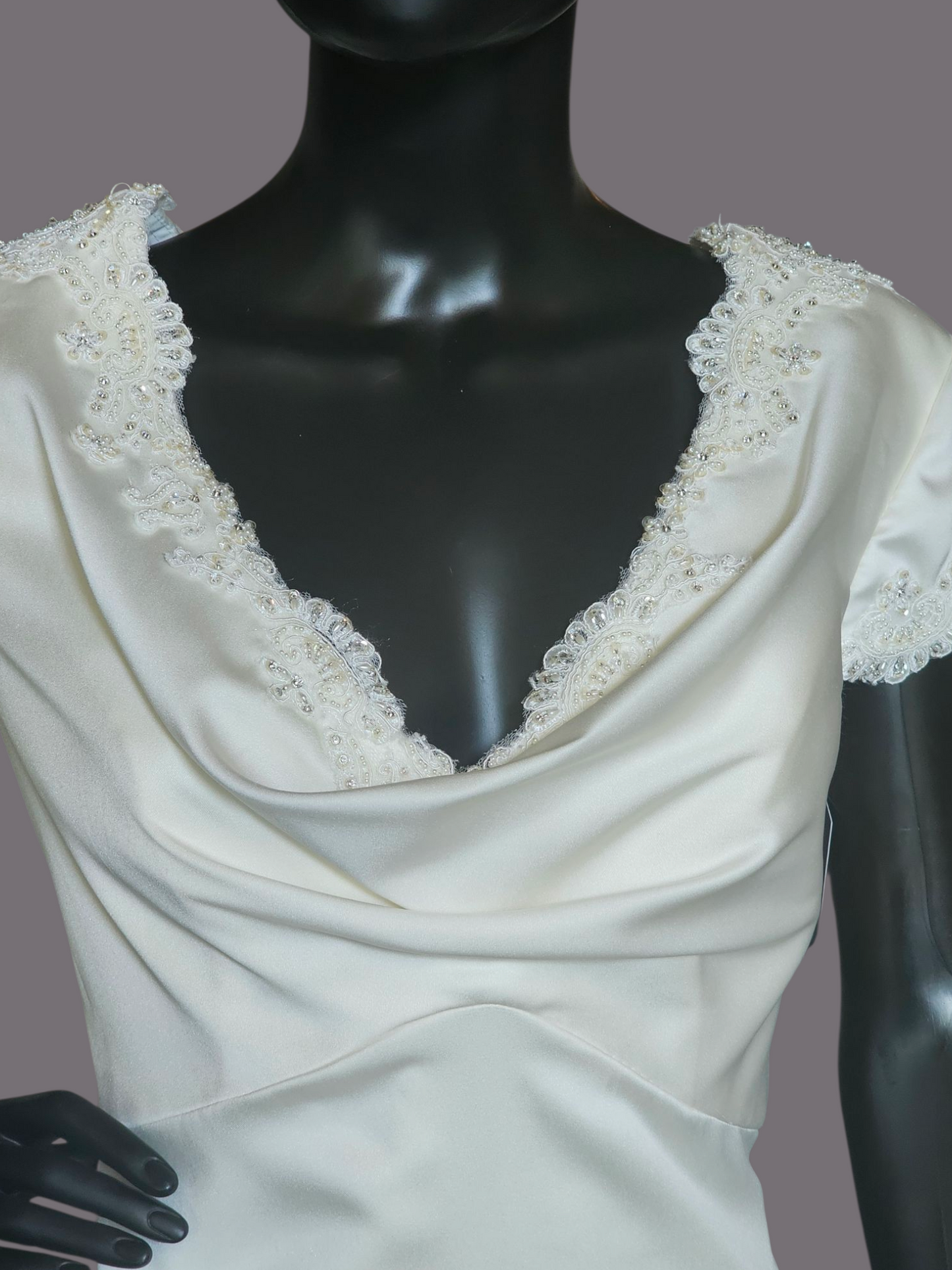 Ivory Silky Satin Cowl Neck Wedding Gown Sheath  - Casablanca