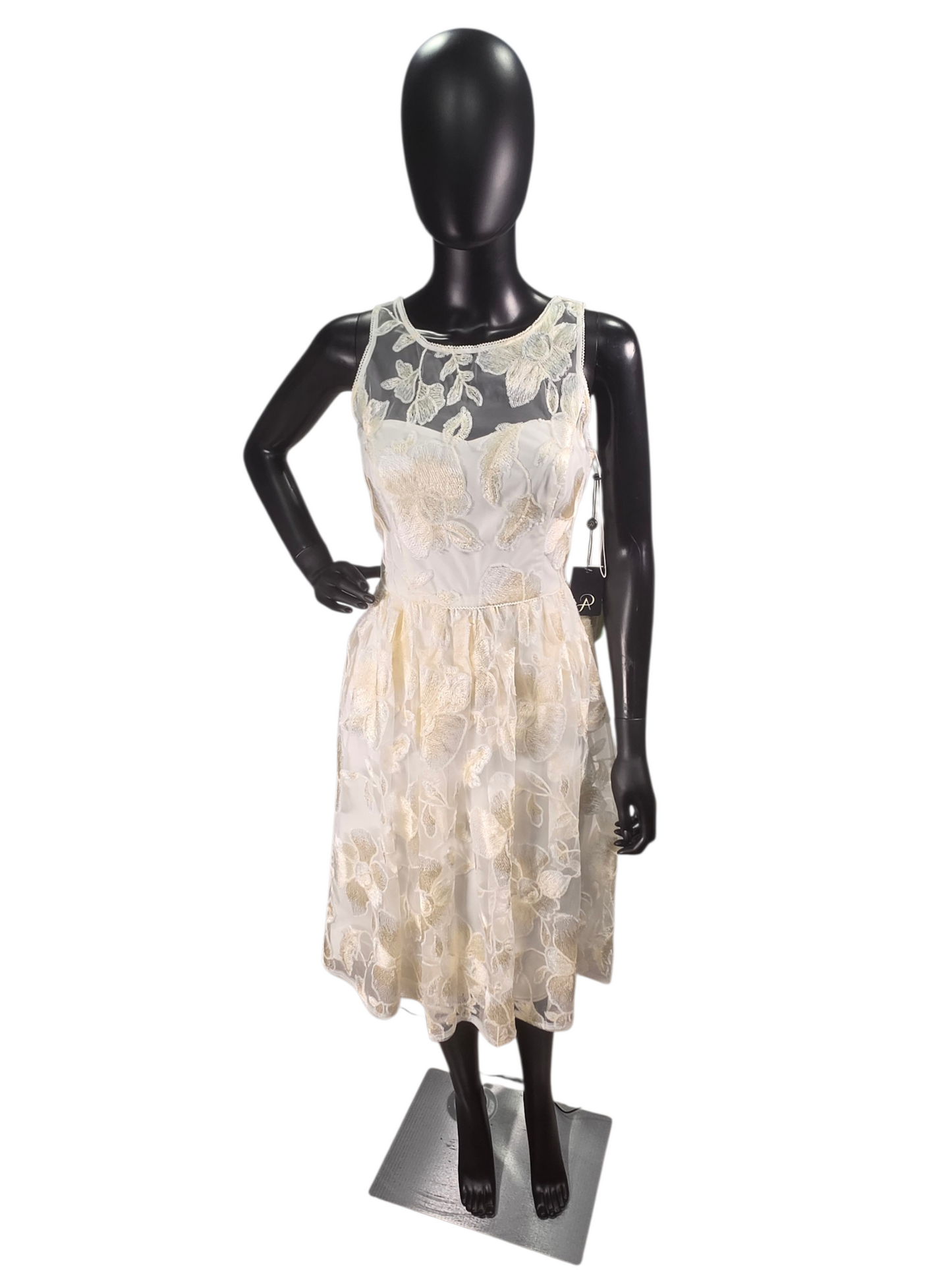 Ivory/Blush Floral Embroidered A-Line Knee Length Illusion Back & Top - Adrianna Papell