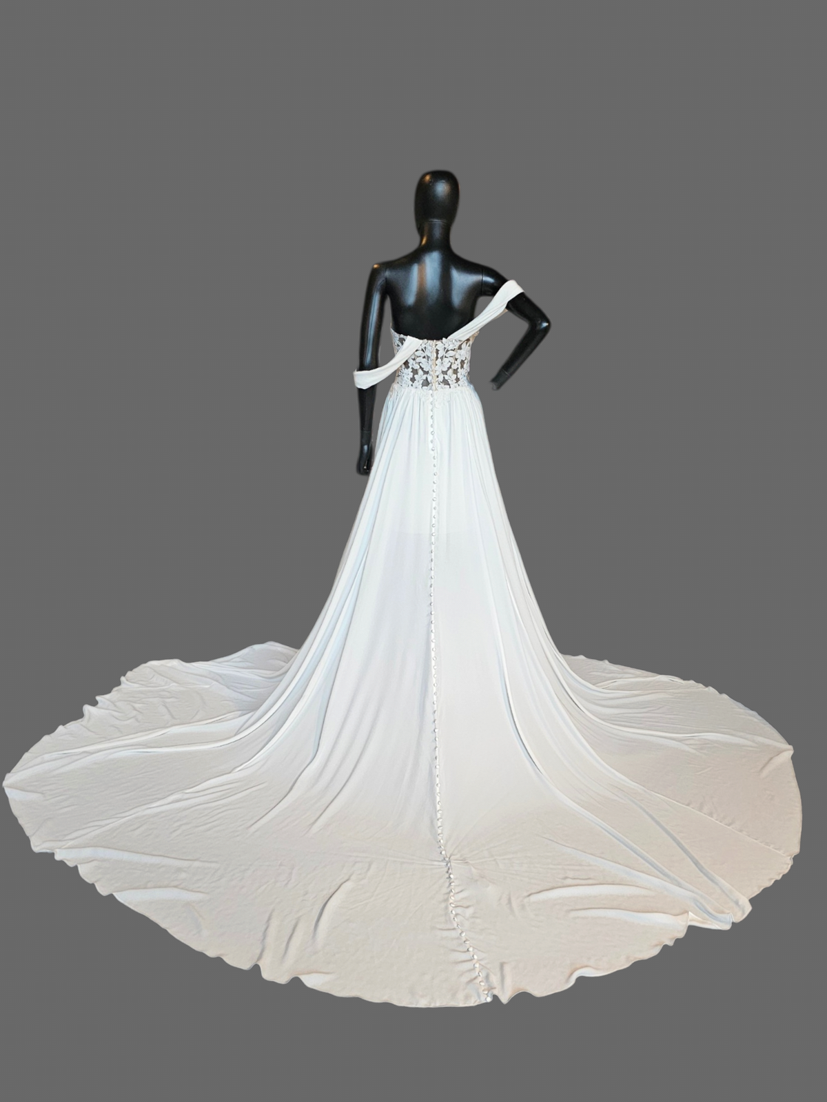 White Lace Drape Shoulder Butter Chiffon Wedding Gown - Dreams