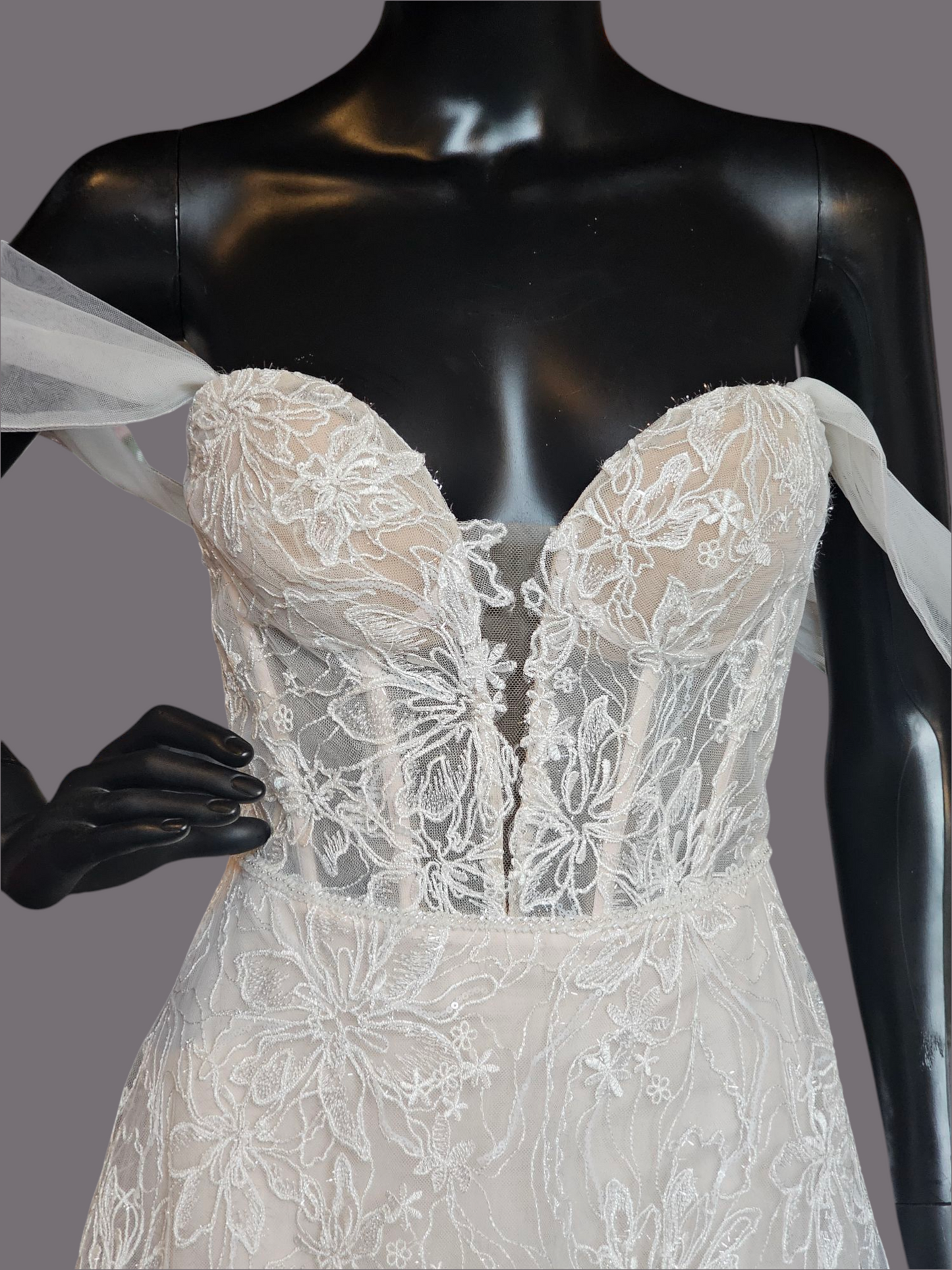 Natural Waist Off Shoulder Vintage Rose Embroidered Wedding Gown