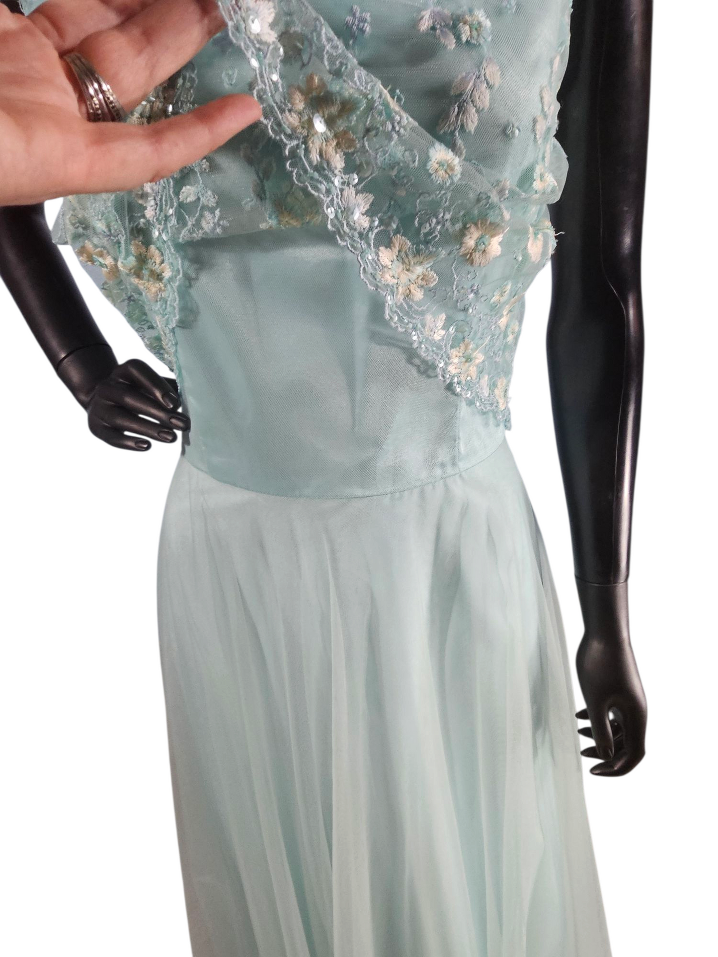 Mint Lace Bodice Full Length Formal A-Line Dress - Mori Lee