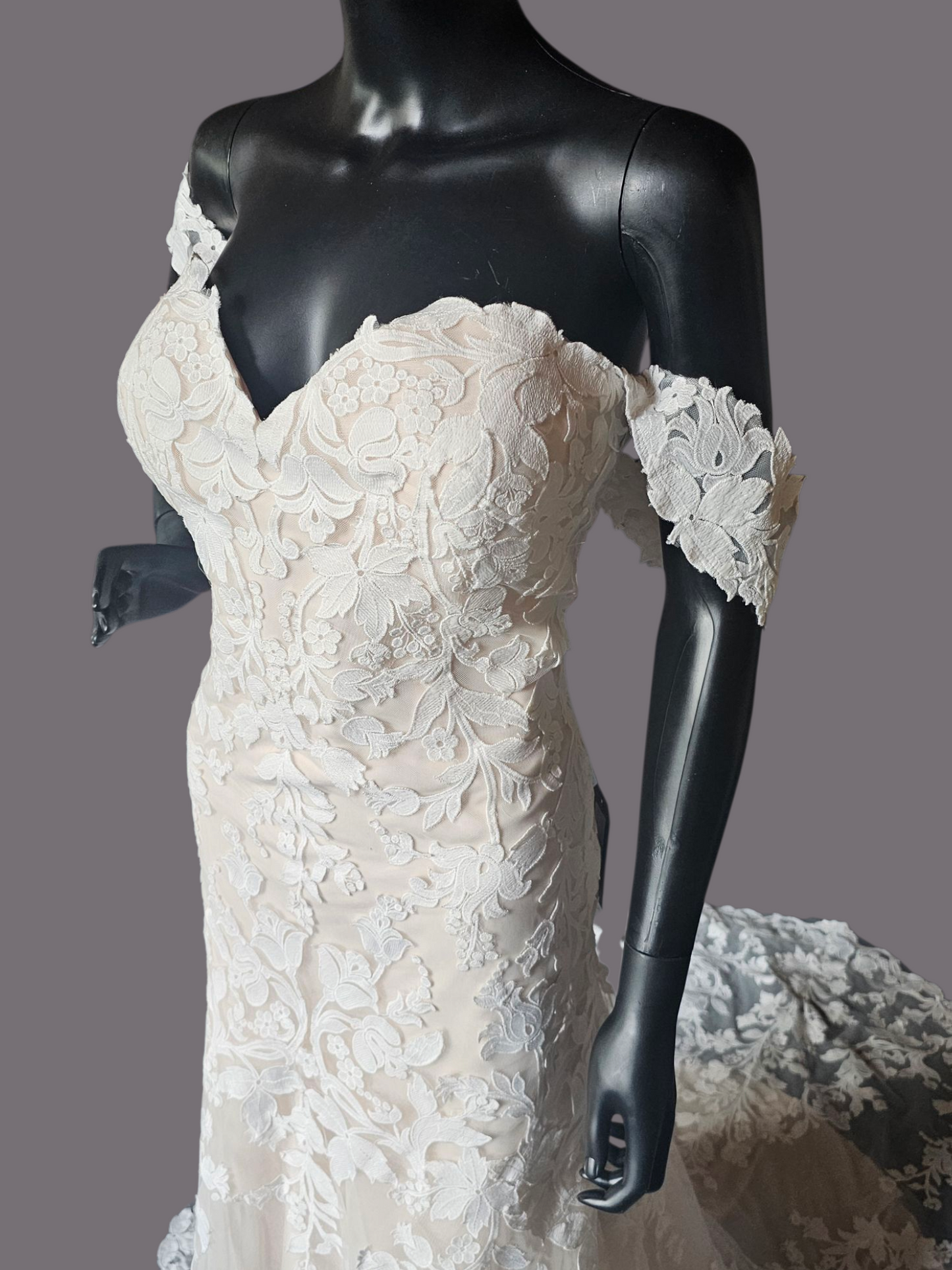 Ivory/Champ Floral Lace Off Shoulder Wedding Gown - Madeline Gardner