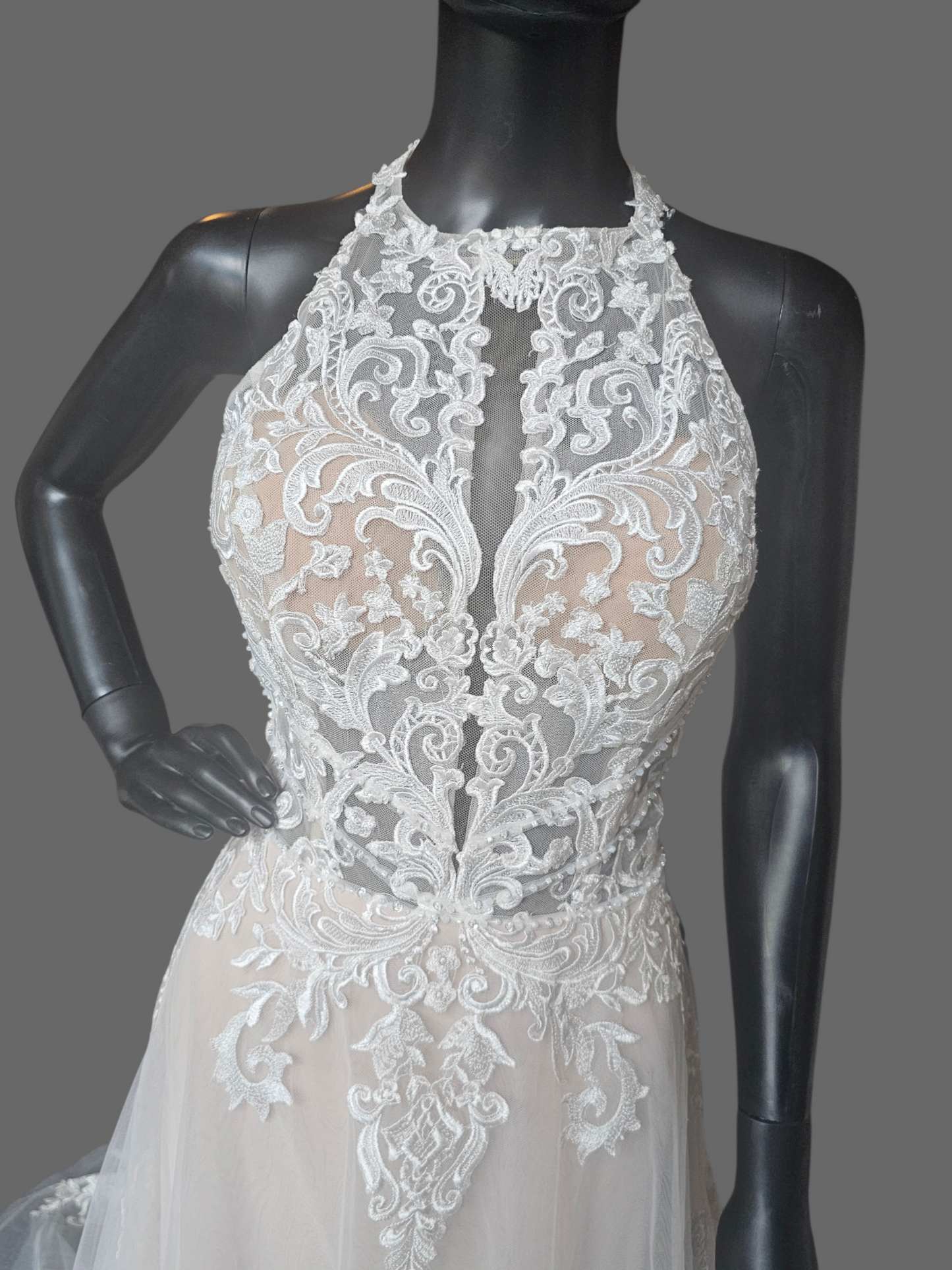 Lace Halter A-Line Open Back Wedding Gown - Mori Lee
