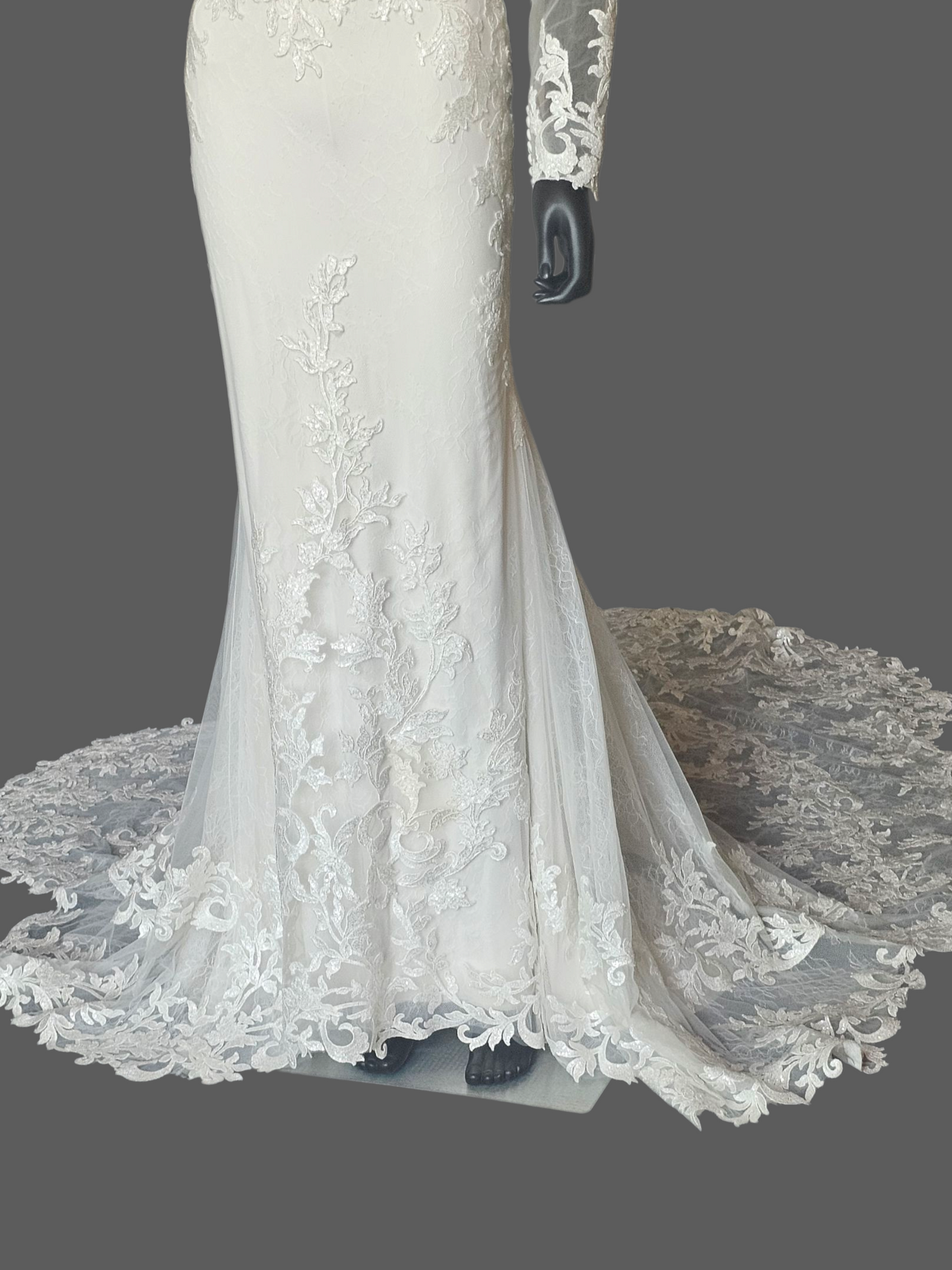 Ivory Lace Overlay Long Sleeve Plunge Fit/Flare Scallop Train Wedding Gown - Mori Lee