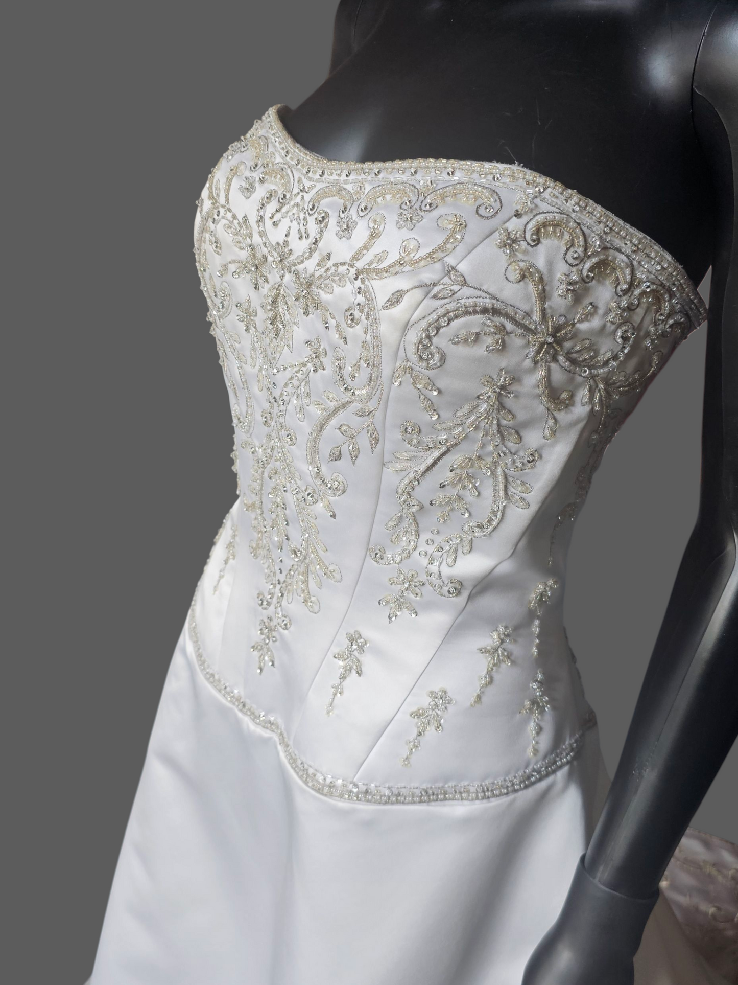 White Satin Drop Waist A-Line Wedding Gown  - Casablanca