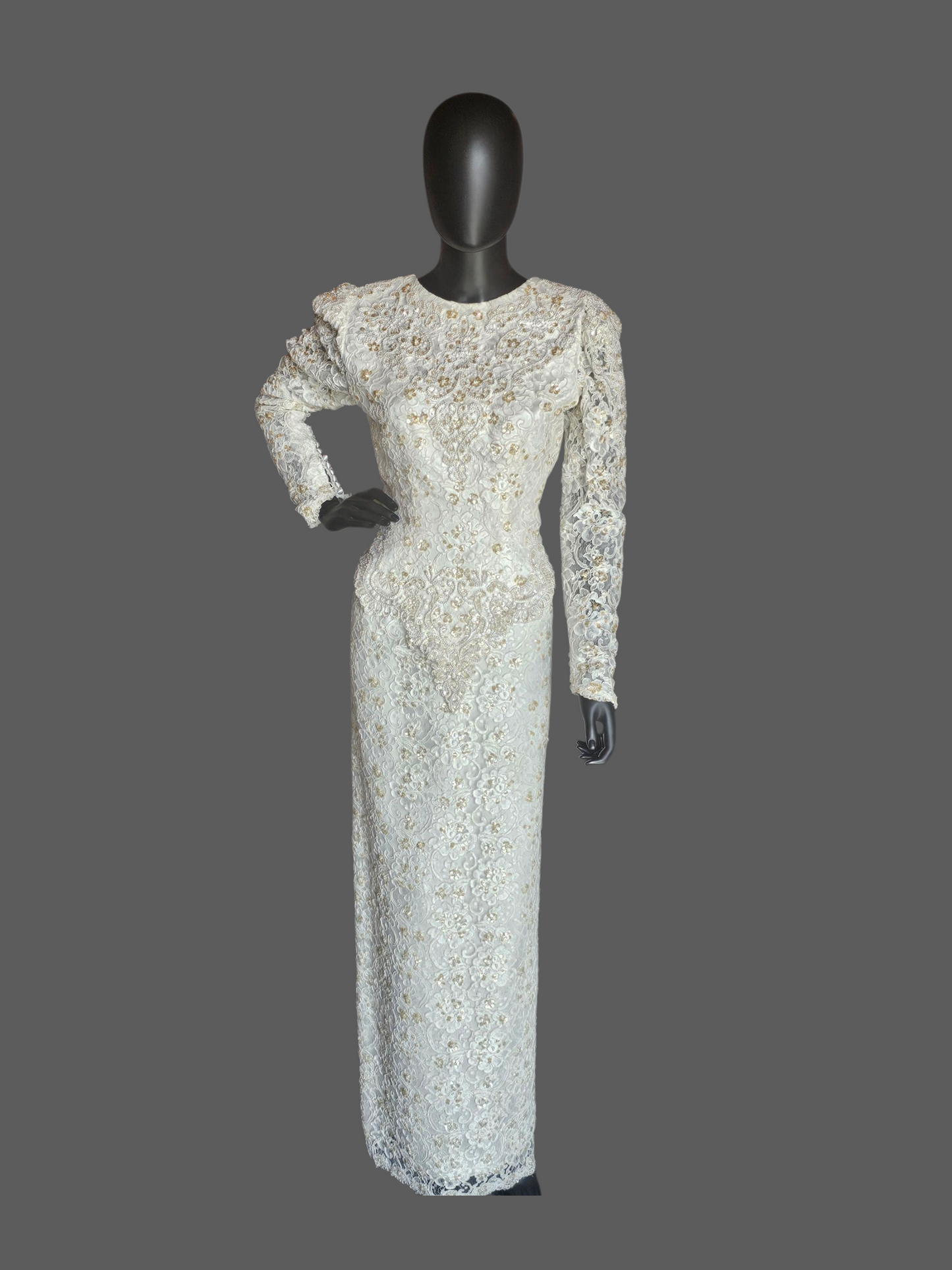 Vintage Ivory Beaded Lace Long Sleeve Fitted Sheath Wedding Gown