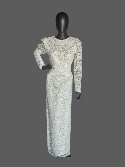 Vintage Ivory Beaded Lace Long Sleeve Fitted Sheath Wedding Gown