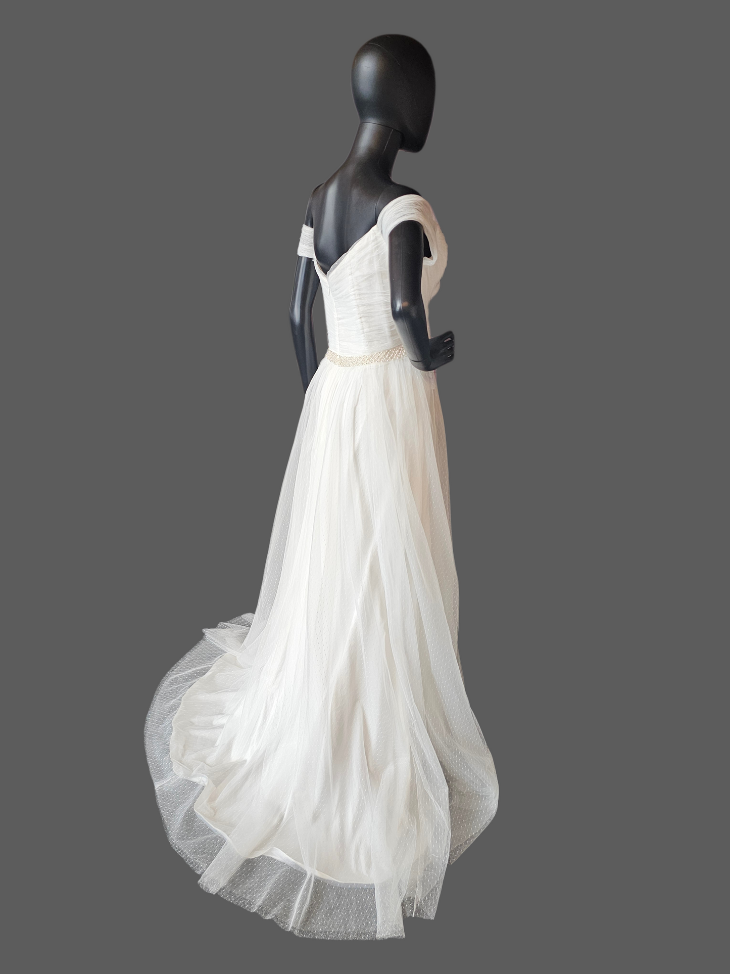 Ivory Swiss Dot Off Shoulder Cap Sleeve Pearl Belt Wedding Dress - Da Vinci