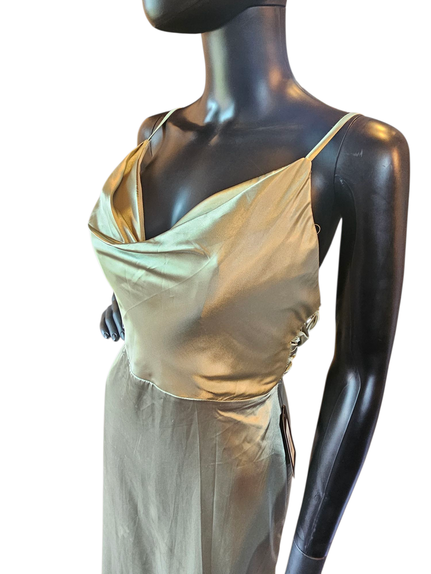 Sage Satin Drape Cowl Spaghetti Strap Formal Dress - NWT Hebeos