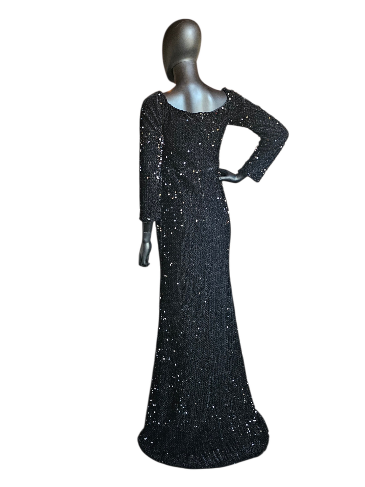 Black Sequin Fitted 3/4 Sleeve Plunge Slit Formal/Prom Dress  - Miss Ord