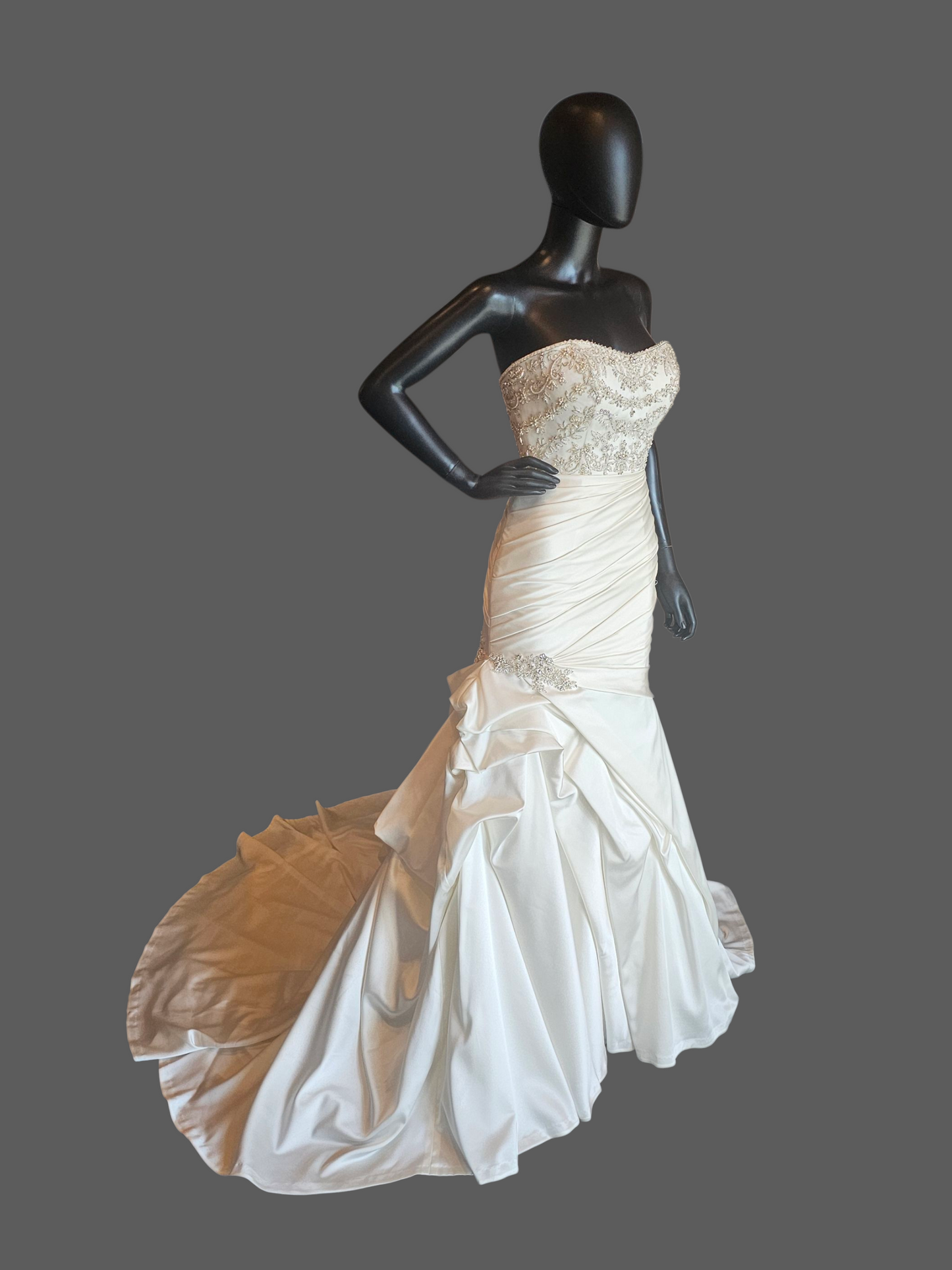 Ivory Silky Satin Side Sweep Fit/Flare Wedding Gown - Casablanca