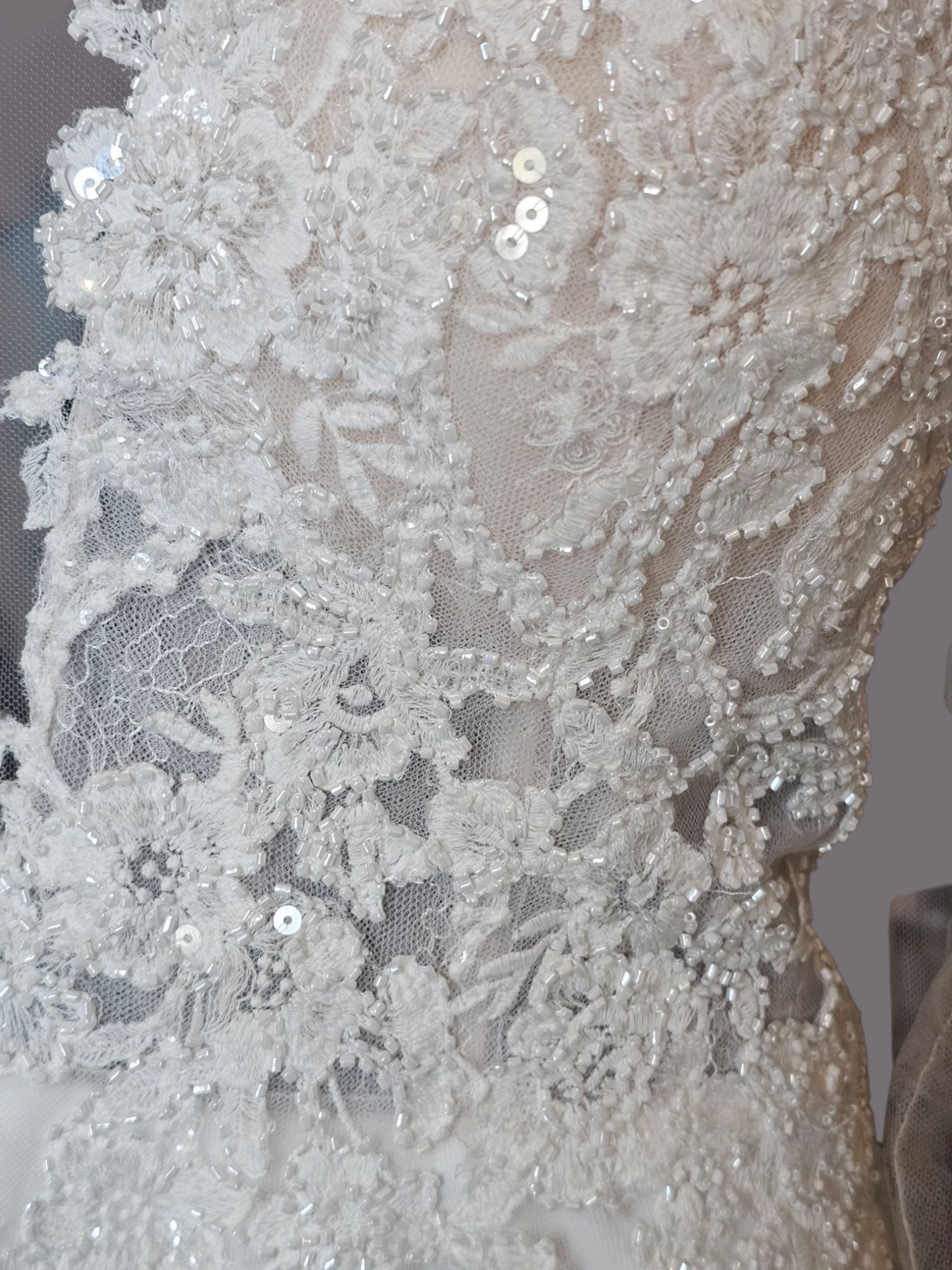 Ivory/Nude Deep Plunge Long Sleeve Chiffon Wedding Gown - Allure Romance