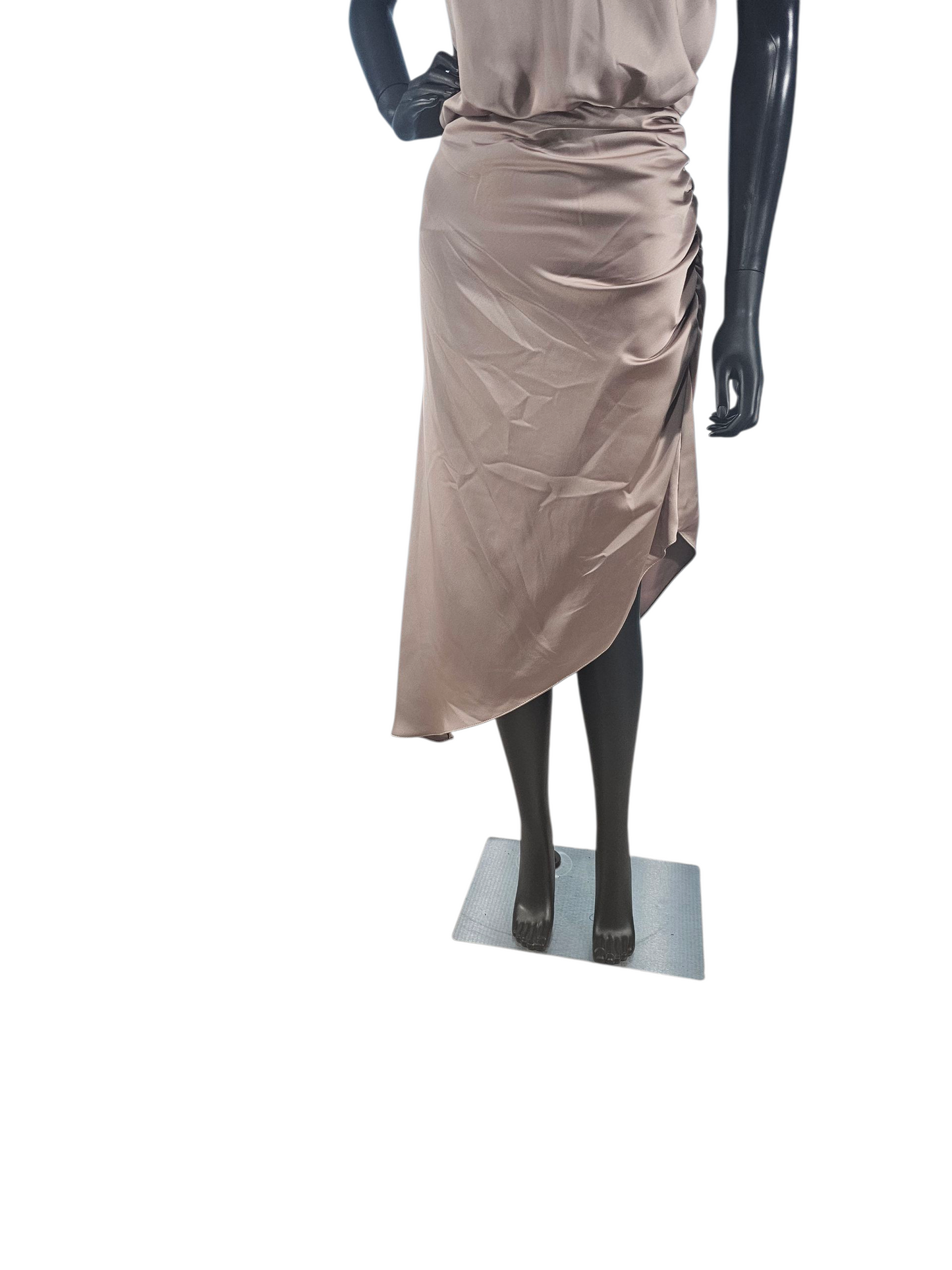 Latte Charmeuse Mock Neck Asymmetrical Cocktail Dress - Mori Lee