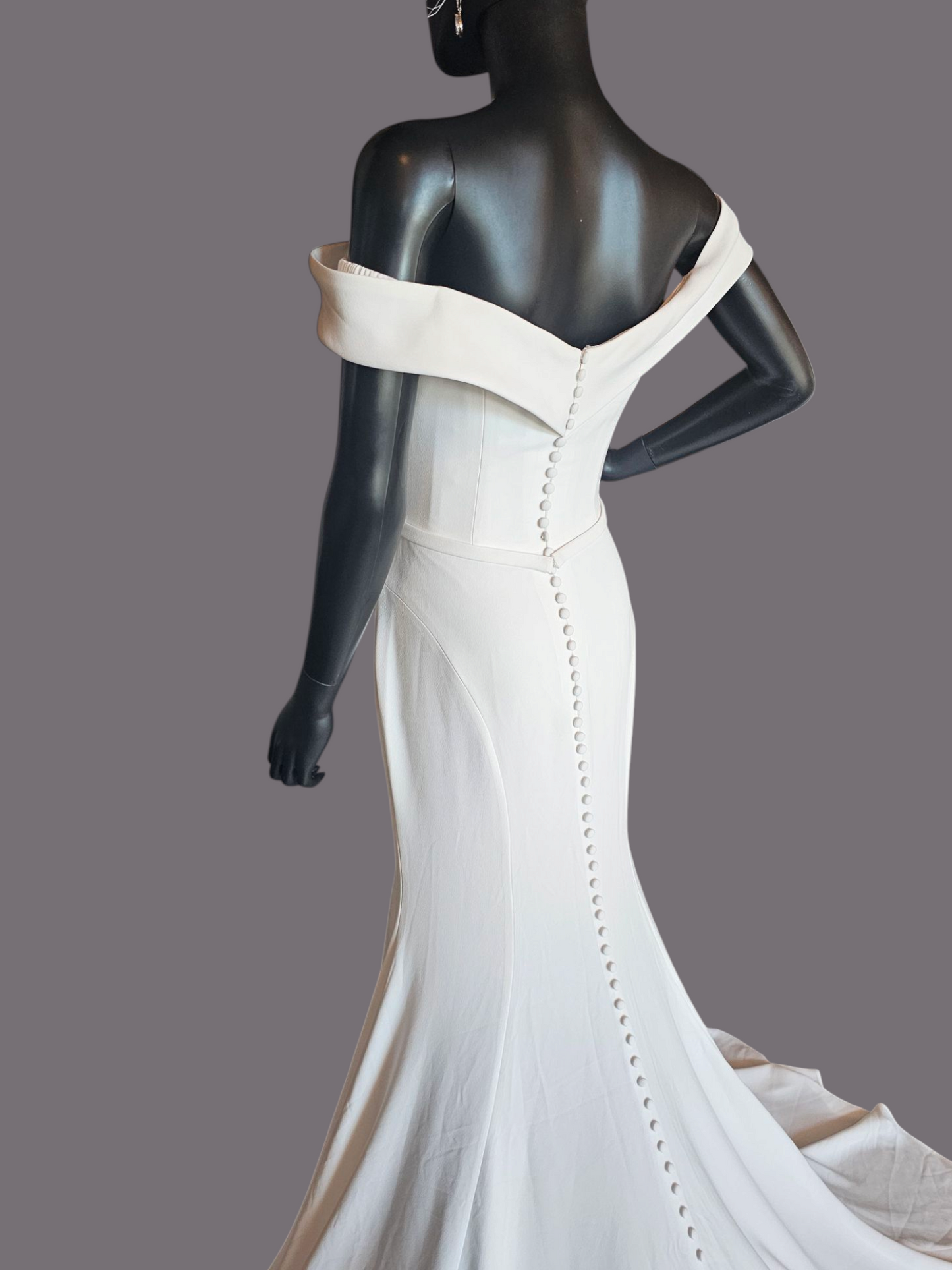 Ivory Off Shoulder Fitted Crepe Wedding Gown