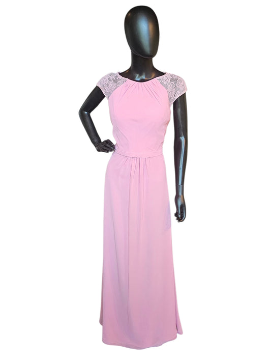 Pink Jewel Collar Belted Sheath Lace Cap Sleeve Maxi Formal Dress - Alexia