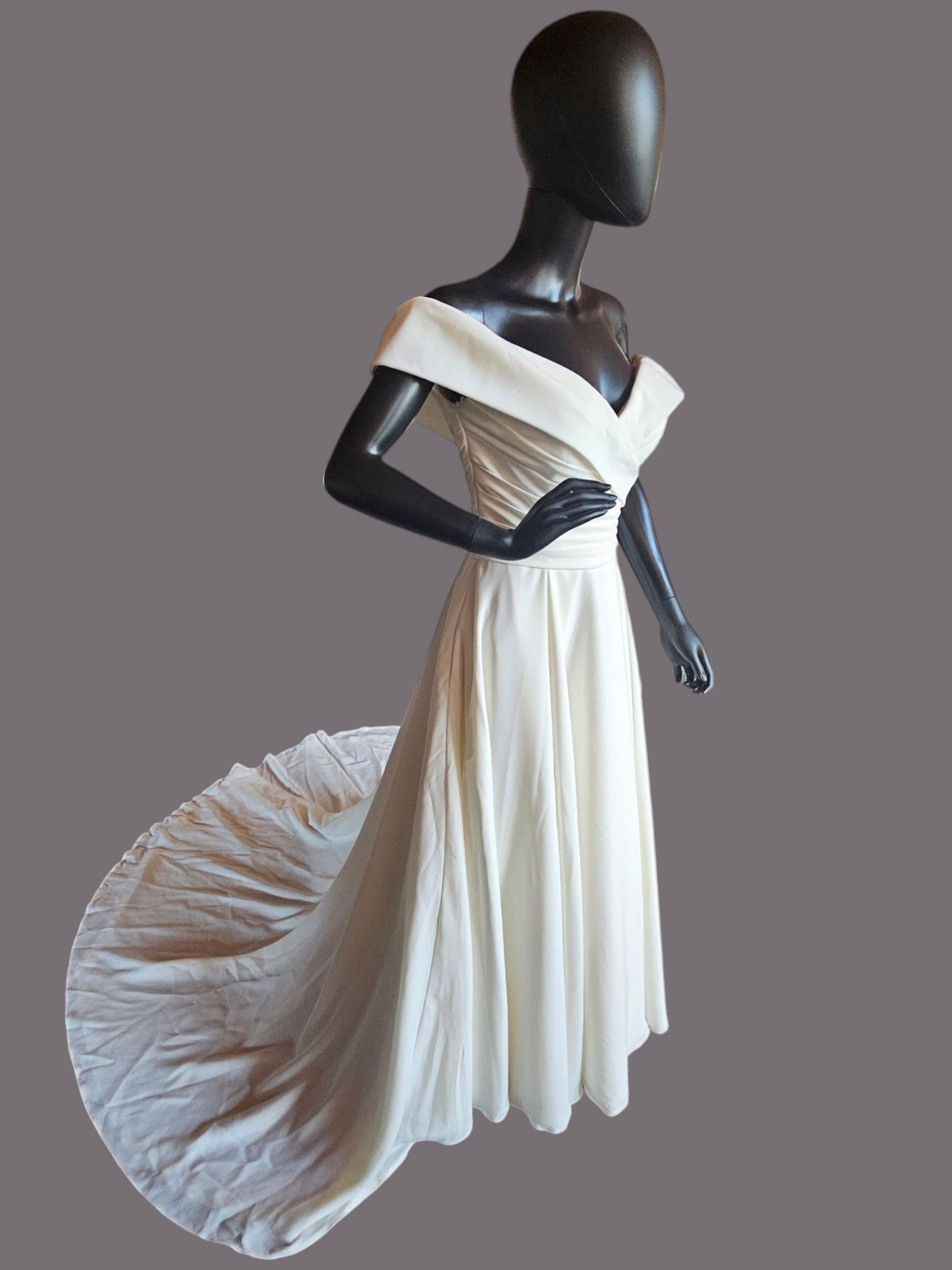 Off Shoulder/Portrait Collar Simple Ivory Crepe Wedding Gown - Mori Lee