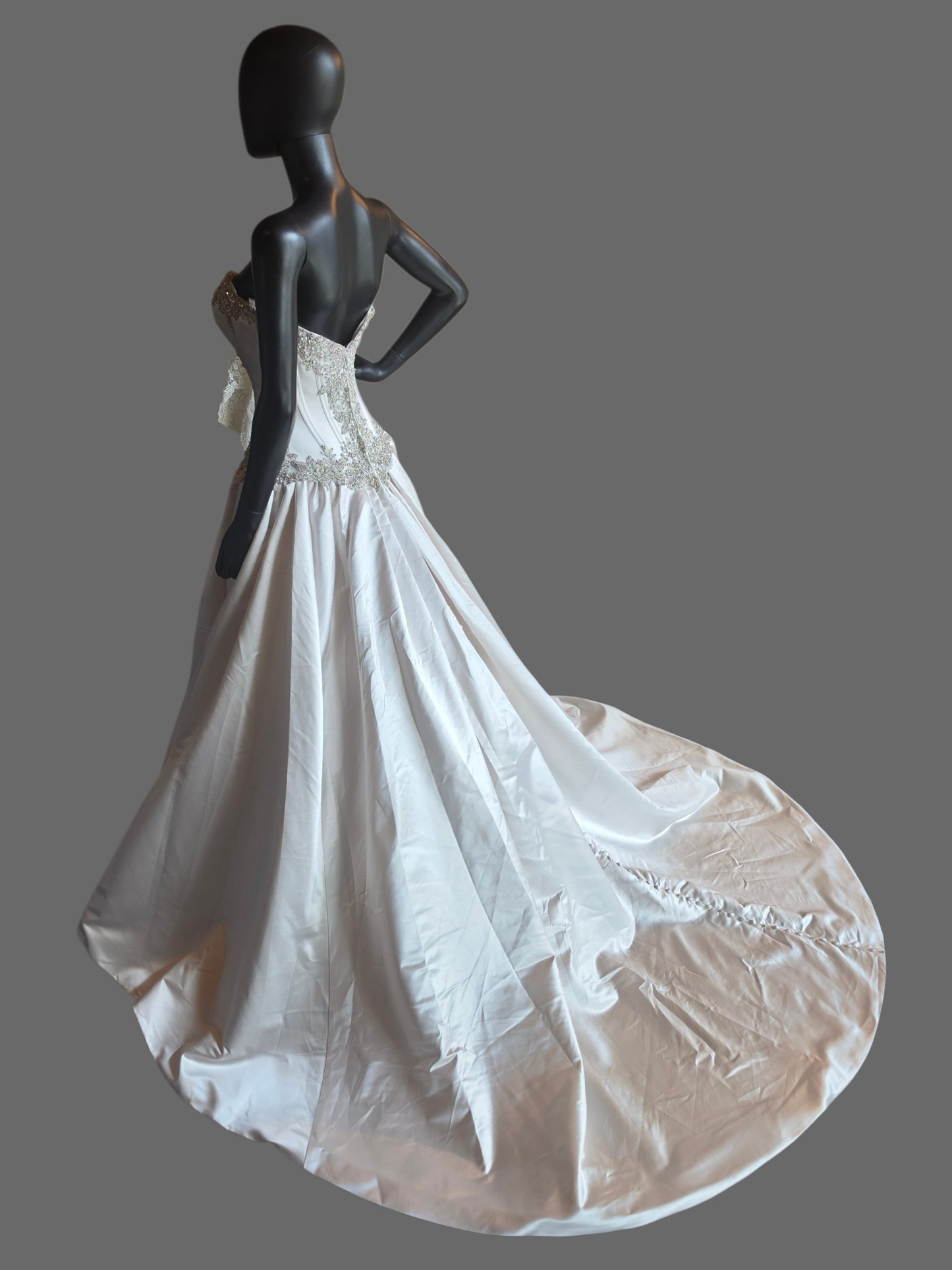 Café/Silver Satin Beaded Basque Waist Sweetheart Wedding Gown - Allure