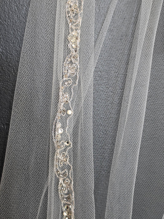Cathedral Single Layer Medium Width Silver Embroidered Edge Veil