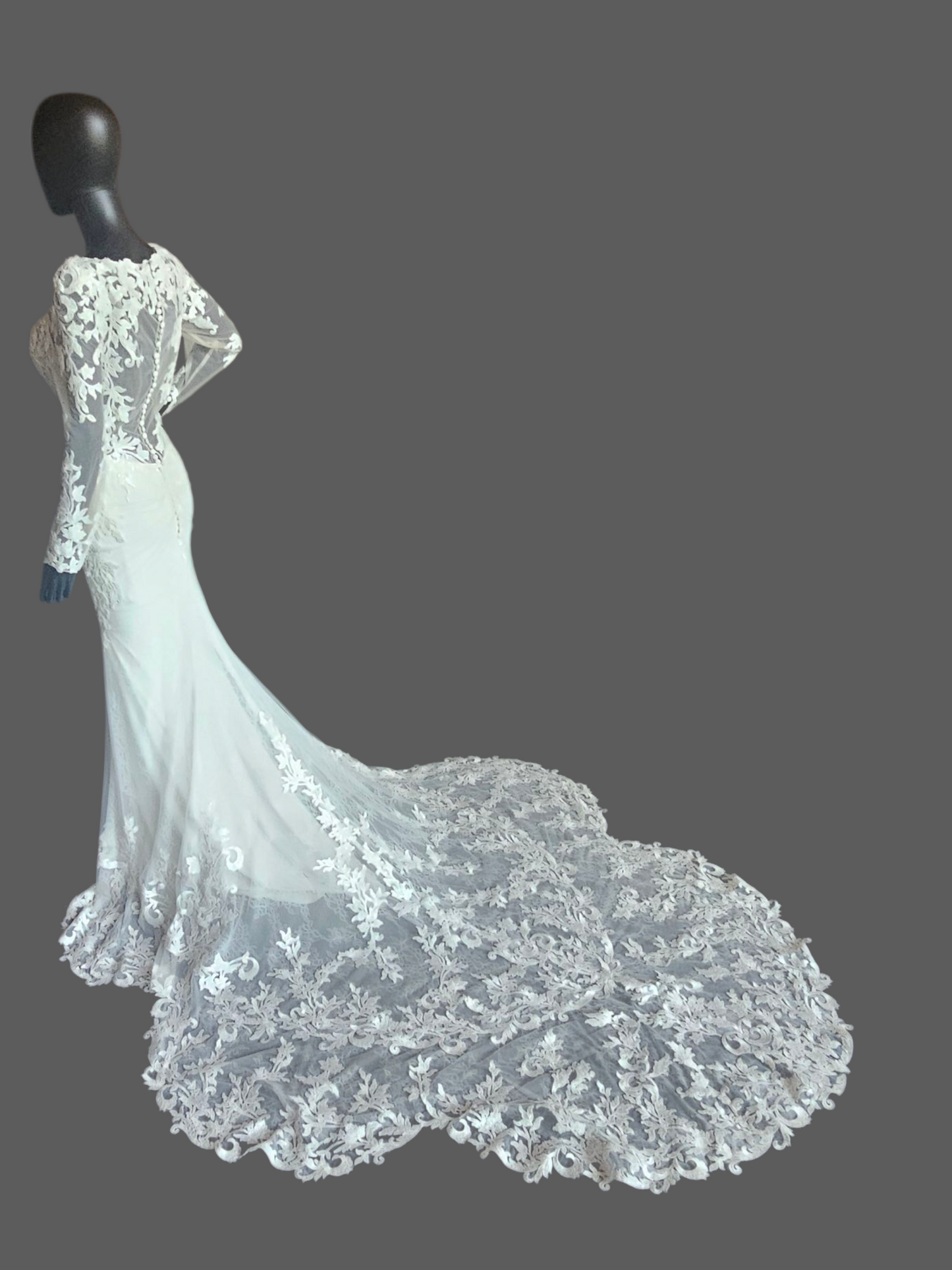 Ivory Lace Overlay Long Sleeve Plunge Fit/Flare Scallop Train Wedding Gown - Mori Lee