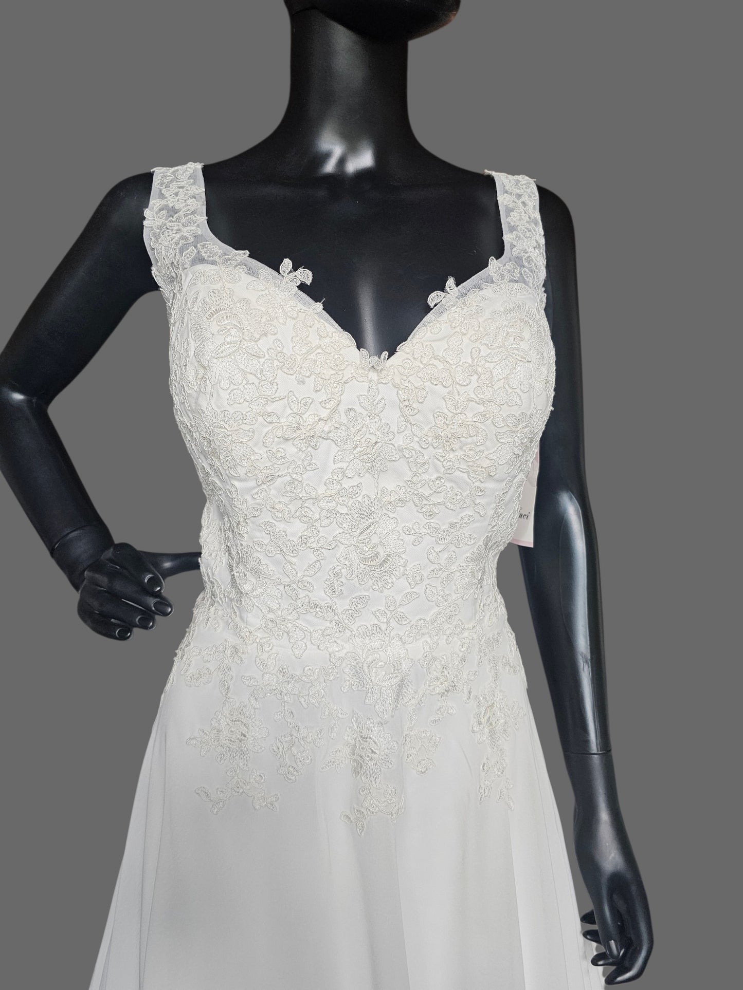 White Chiffon A-Line Lace V-Neck  Applica Illusion Back Wedding Gown - Davinci