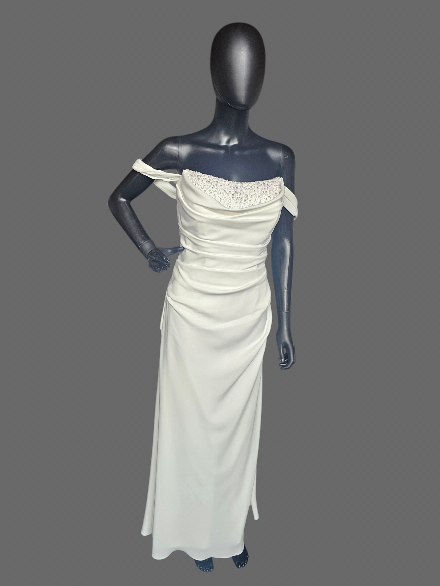 Minimalist Ivory Crepe Side Sweep Pearl Accent Wedding Gown - Martina Liana