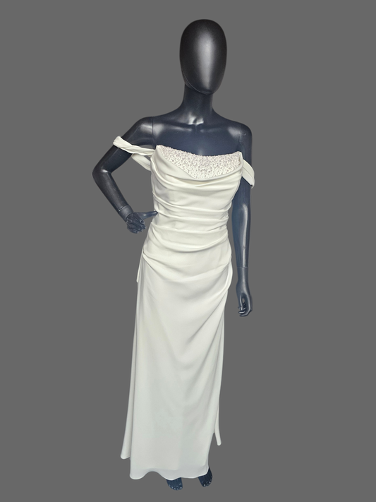 Minimalist Ivory Crepe Side Sweep Pearl Accent Wedding Gown - Martina Liana