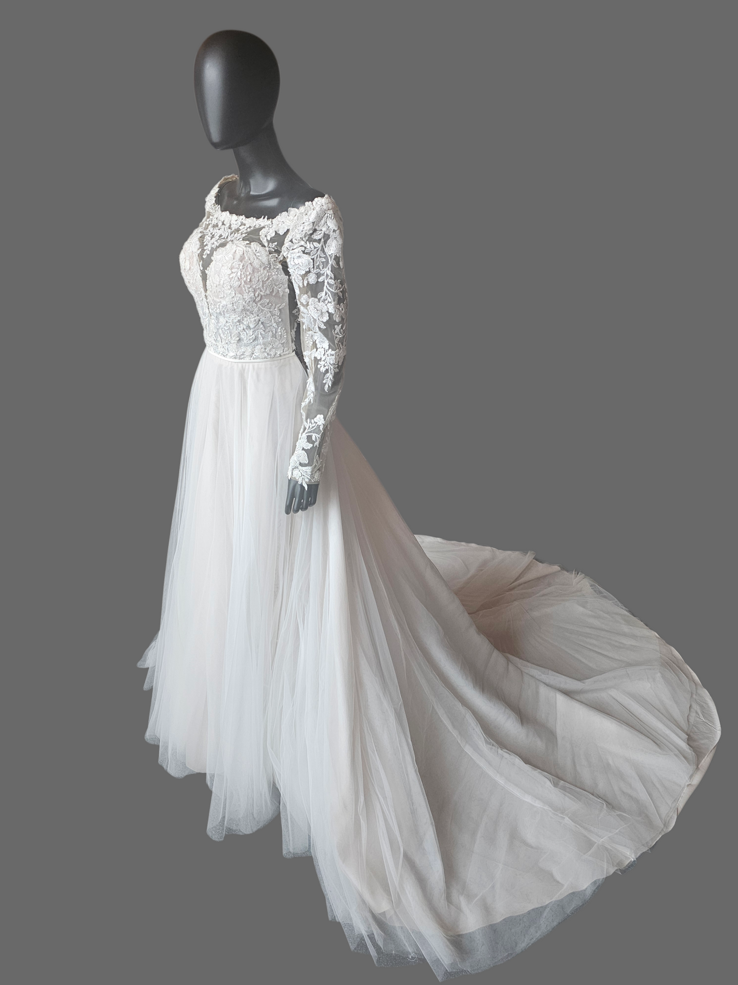 Ivory/Honey Illusion Lace Long Sleeve A-Line Wedding Gown