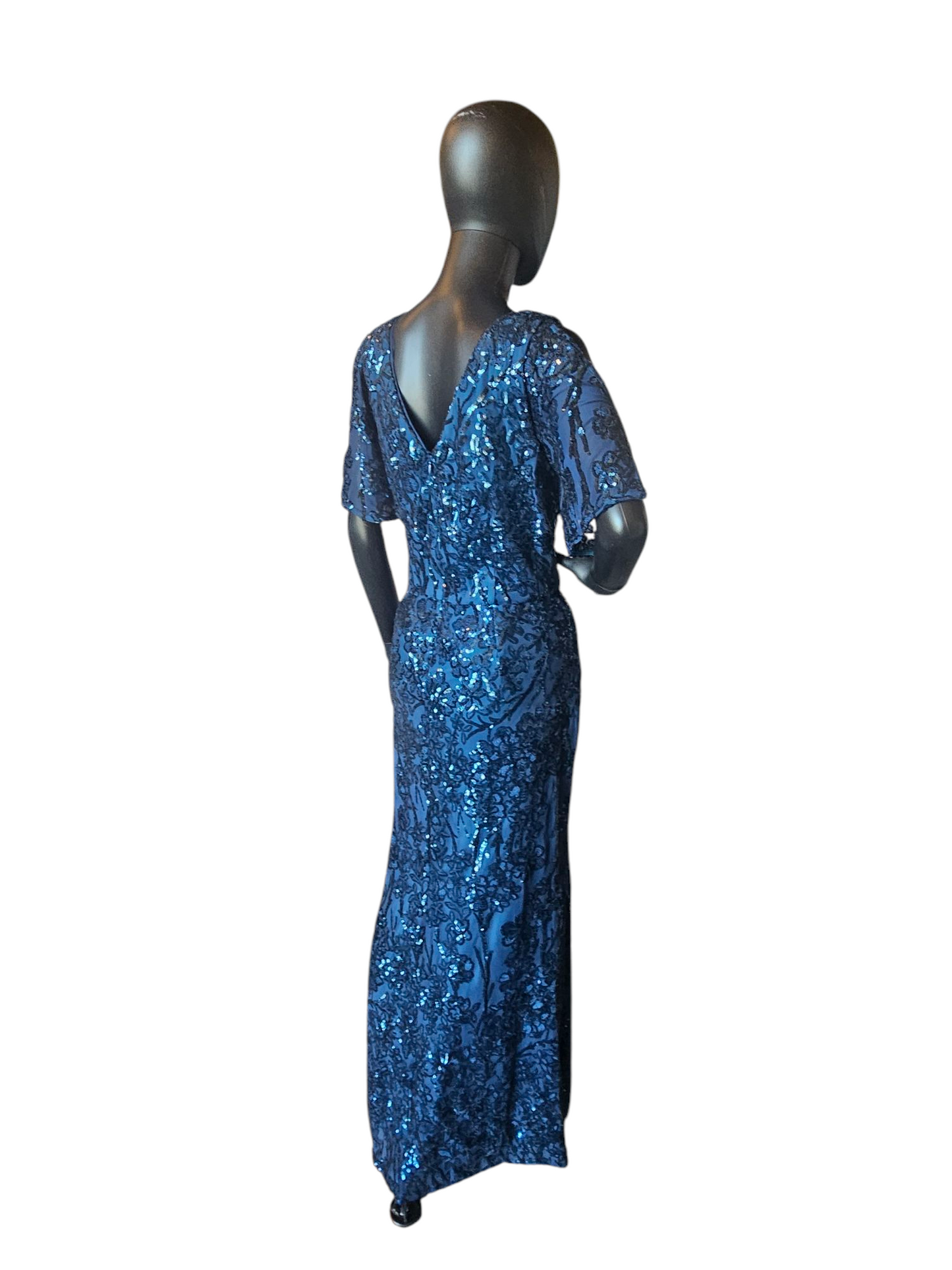 Royal Blue Beaded Cold Shoulder Flutter Sleeve Formal Gown - Alex Evenings