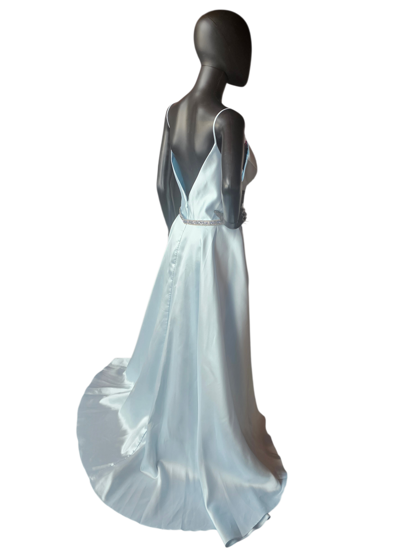 Periwinkle Plunge Belted A-Line Mikado Formal Dress