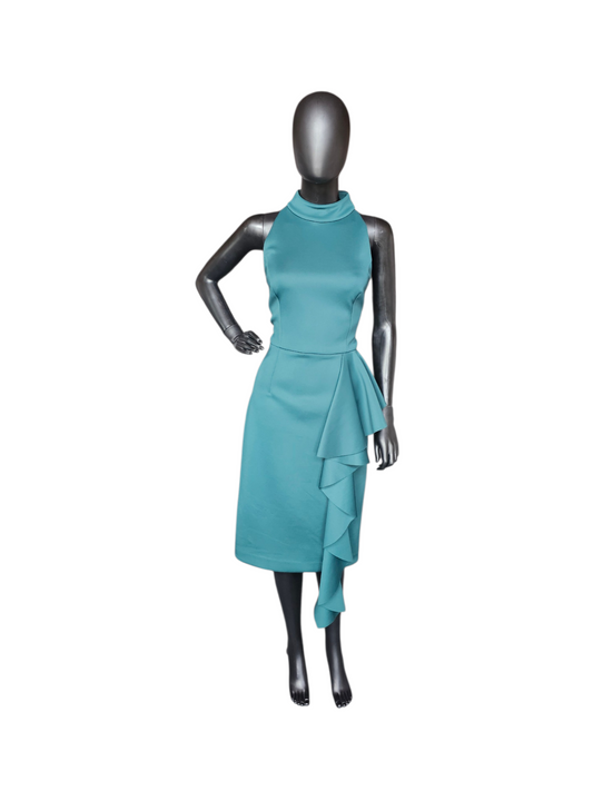 Green Neoprene Halter Side Flair Cocktail Dress - Eliza J