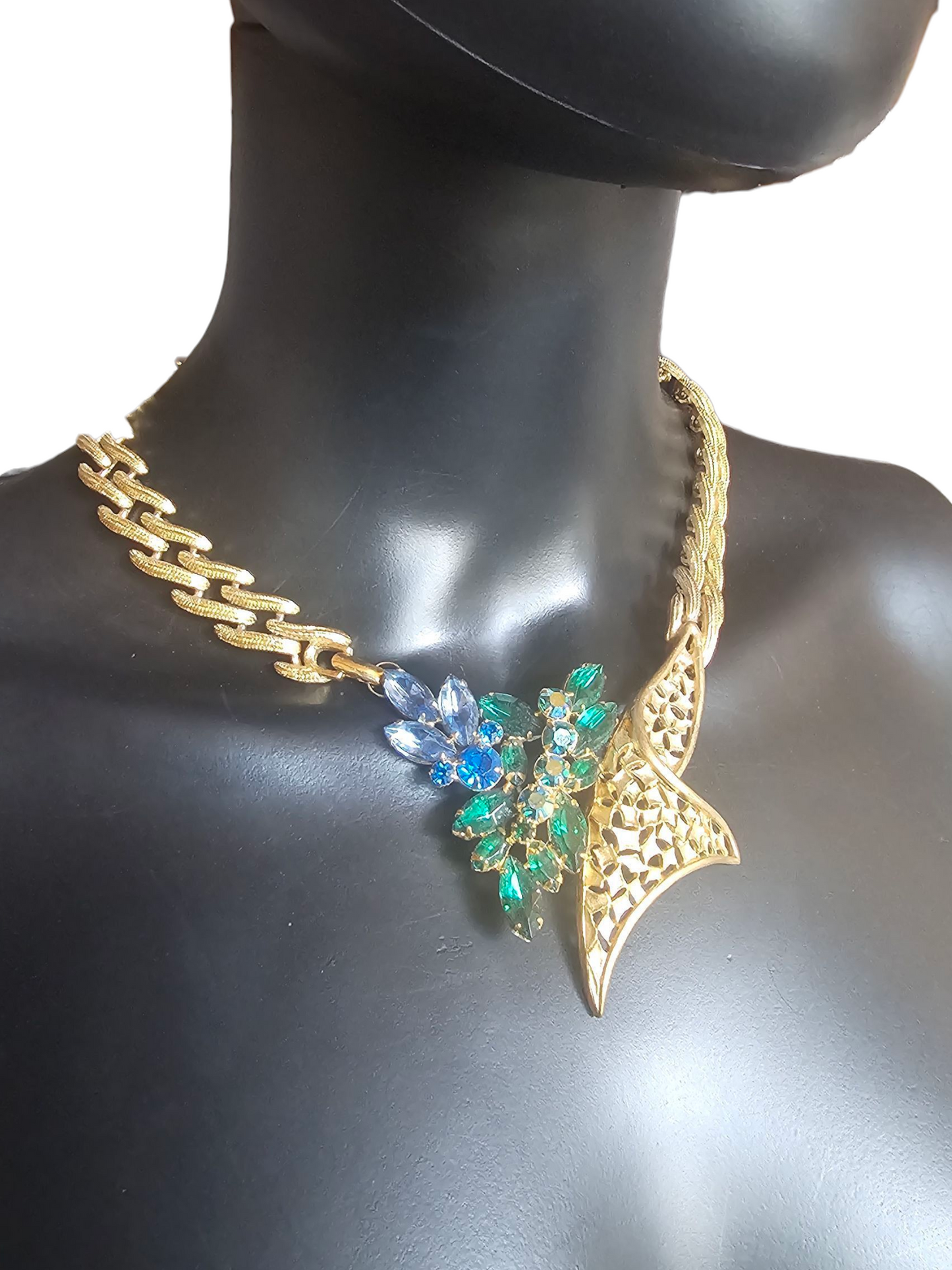 Vintage Bespoke/Remade Gold/Blue/Green Crystal Collar Necklace